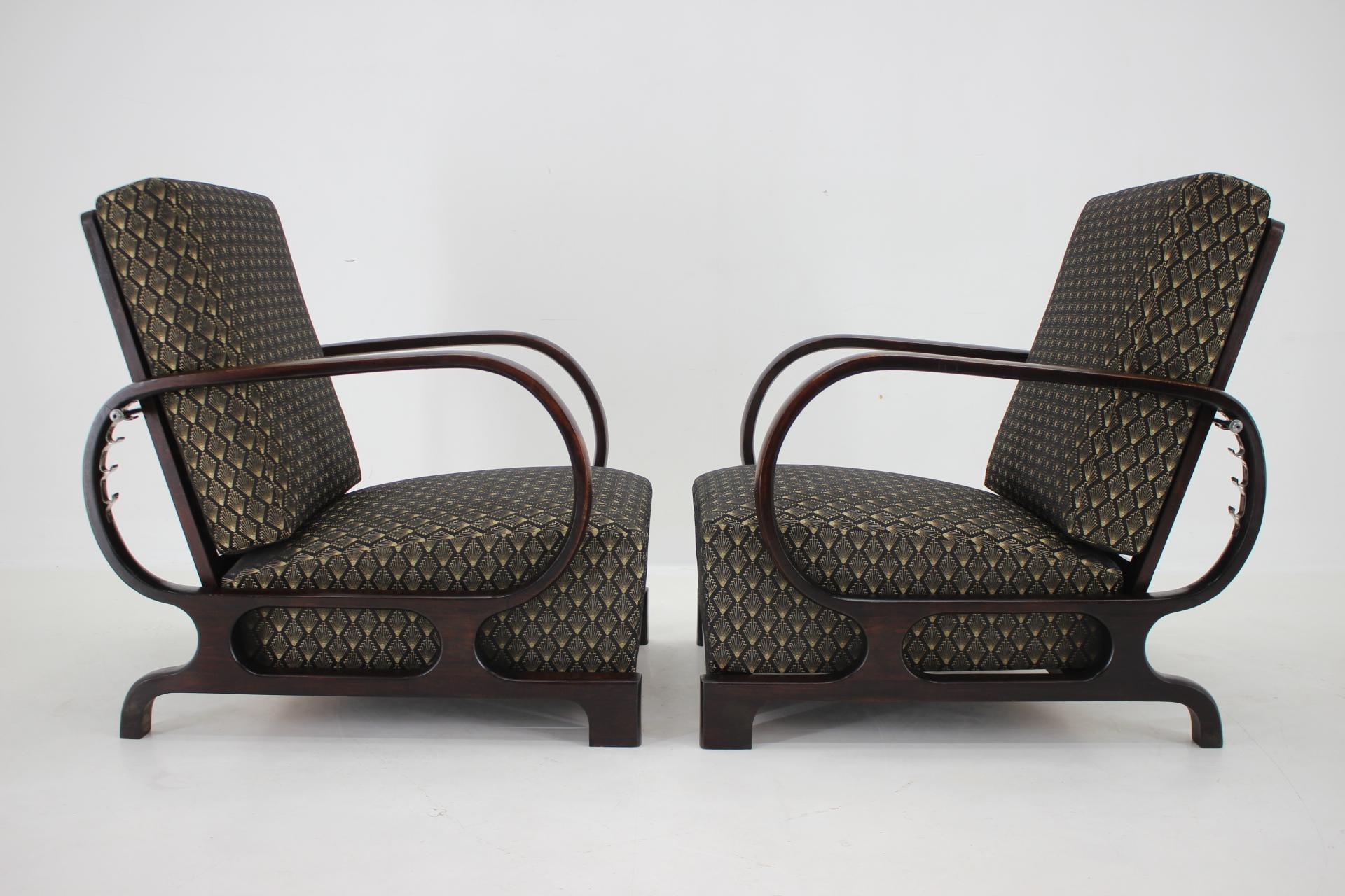 Mid-20th Century 1930s Pair of Rare Restored Art Deco Adjustable Armchairs, Czechoslovakia For Sale