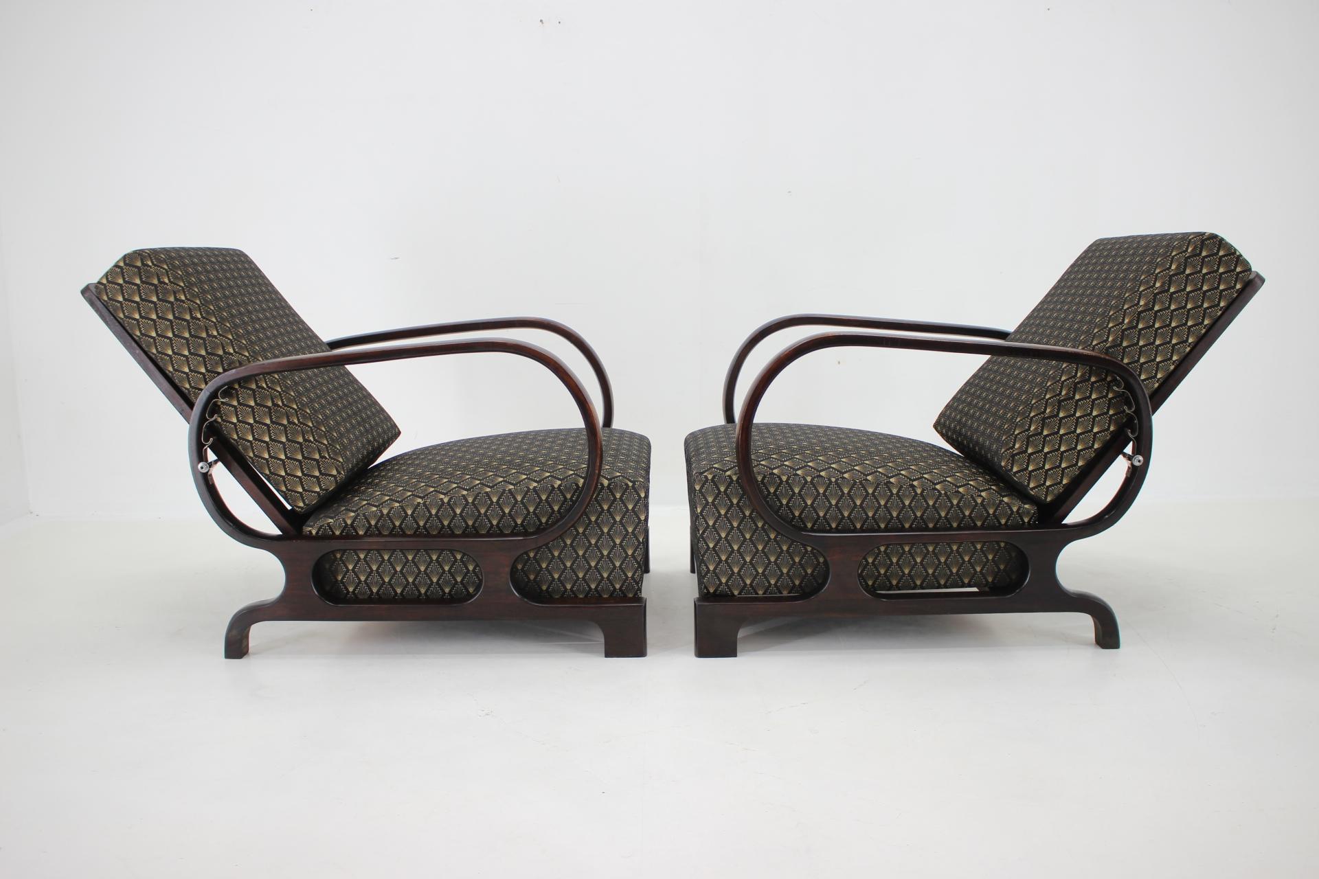 Fabric 1930s Pair of Rare Restored Art Deco Adjustable Armchairs, Czechoslovakia For Sale
