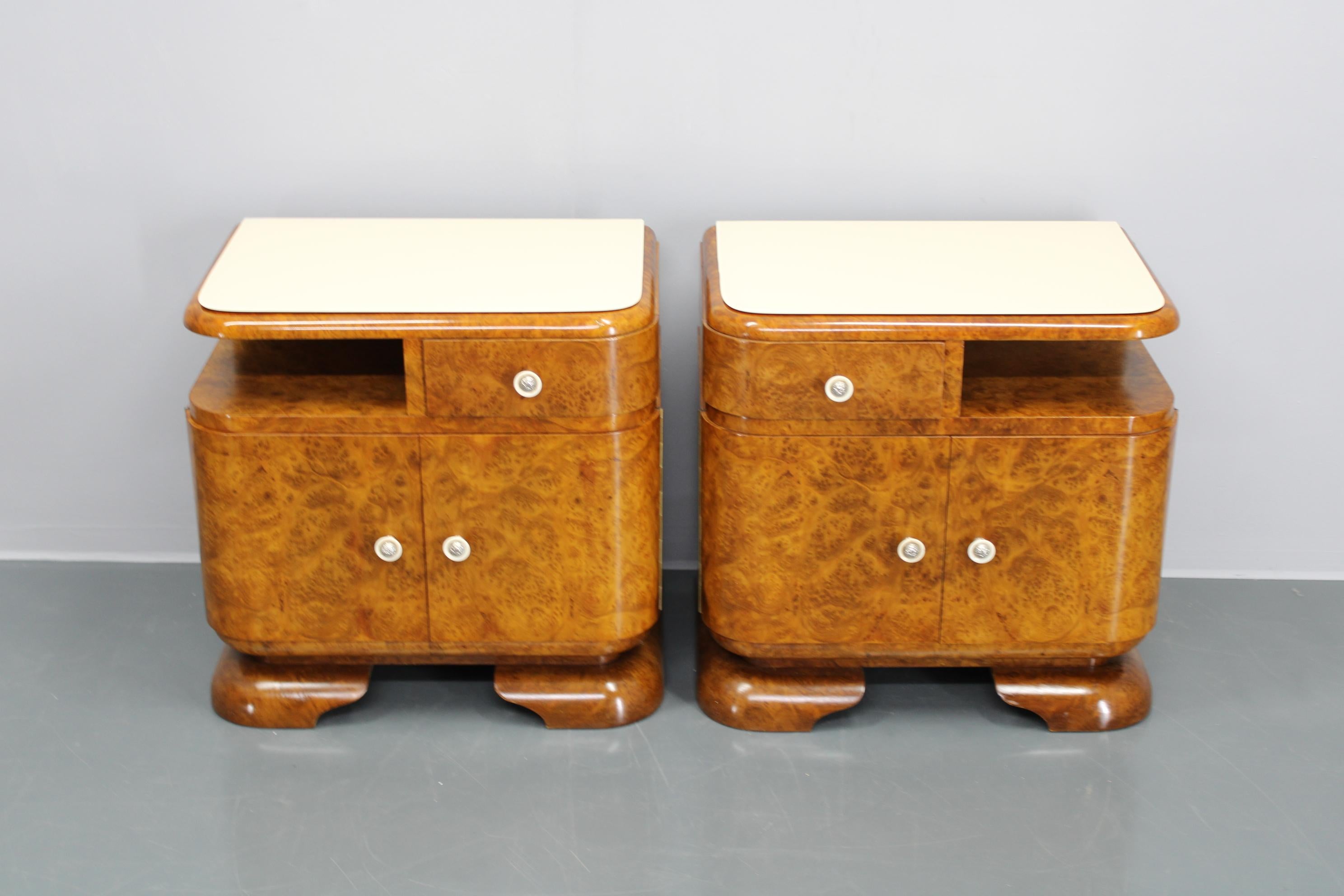 Veneer 1930s Pair of Restored Art Deco Night Stands, Czechoslovakia