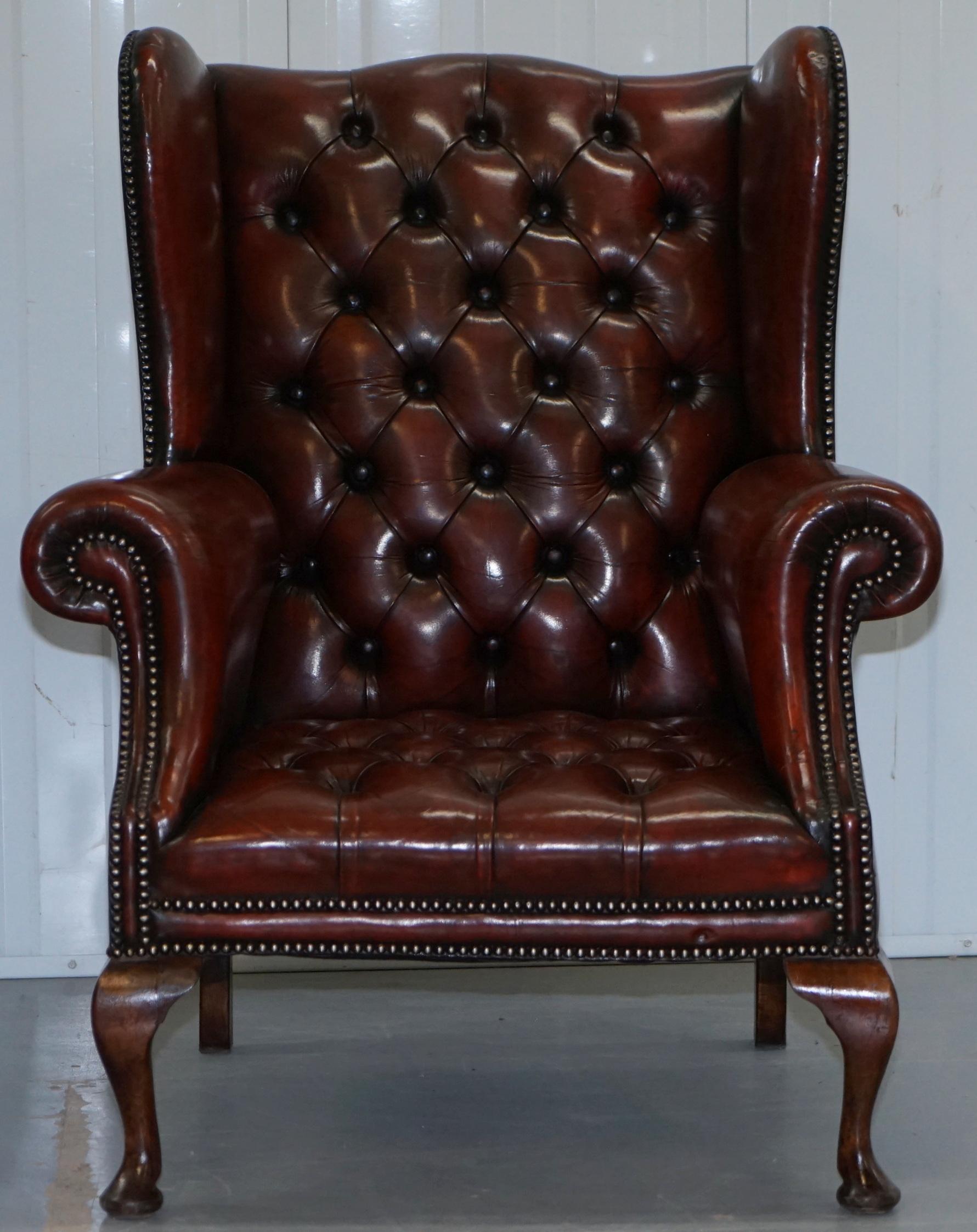 1930s Pair of Restored Chesterfield Fully Buttoned Wingback Armchairs Leather 5