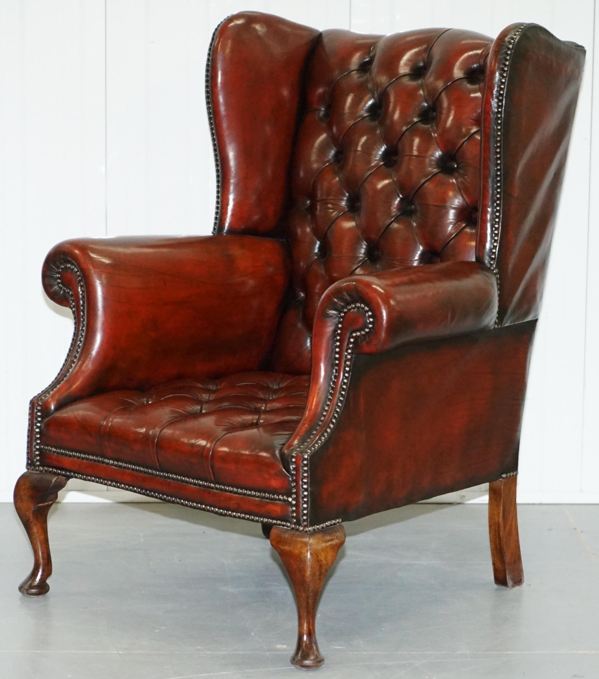 1930s Pair of Restored Chesterfield Fully Buttoned Wingback Armchairs Leather 6