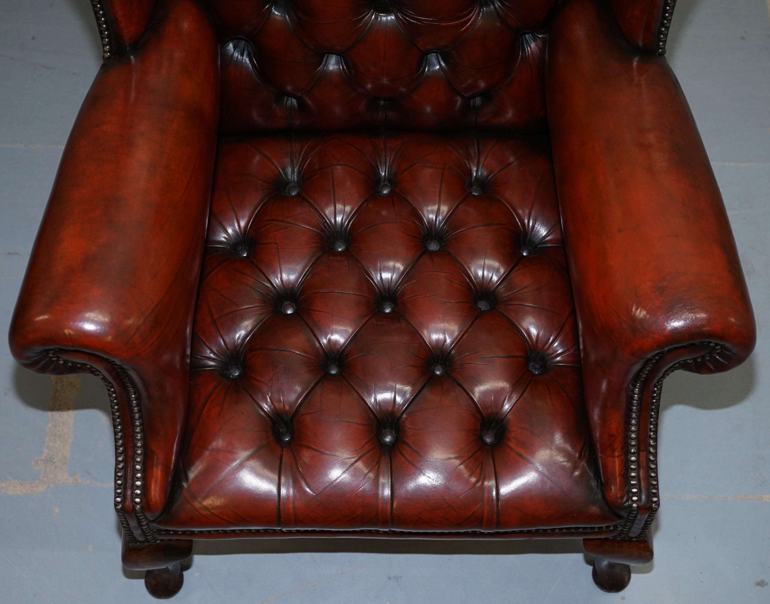 1930s Pair of Restored Chesterfield Fully Buttoned Wingback Armchairs Leather 7
