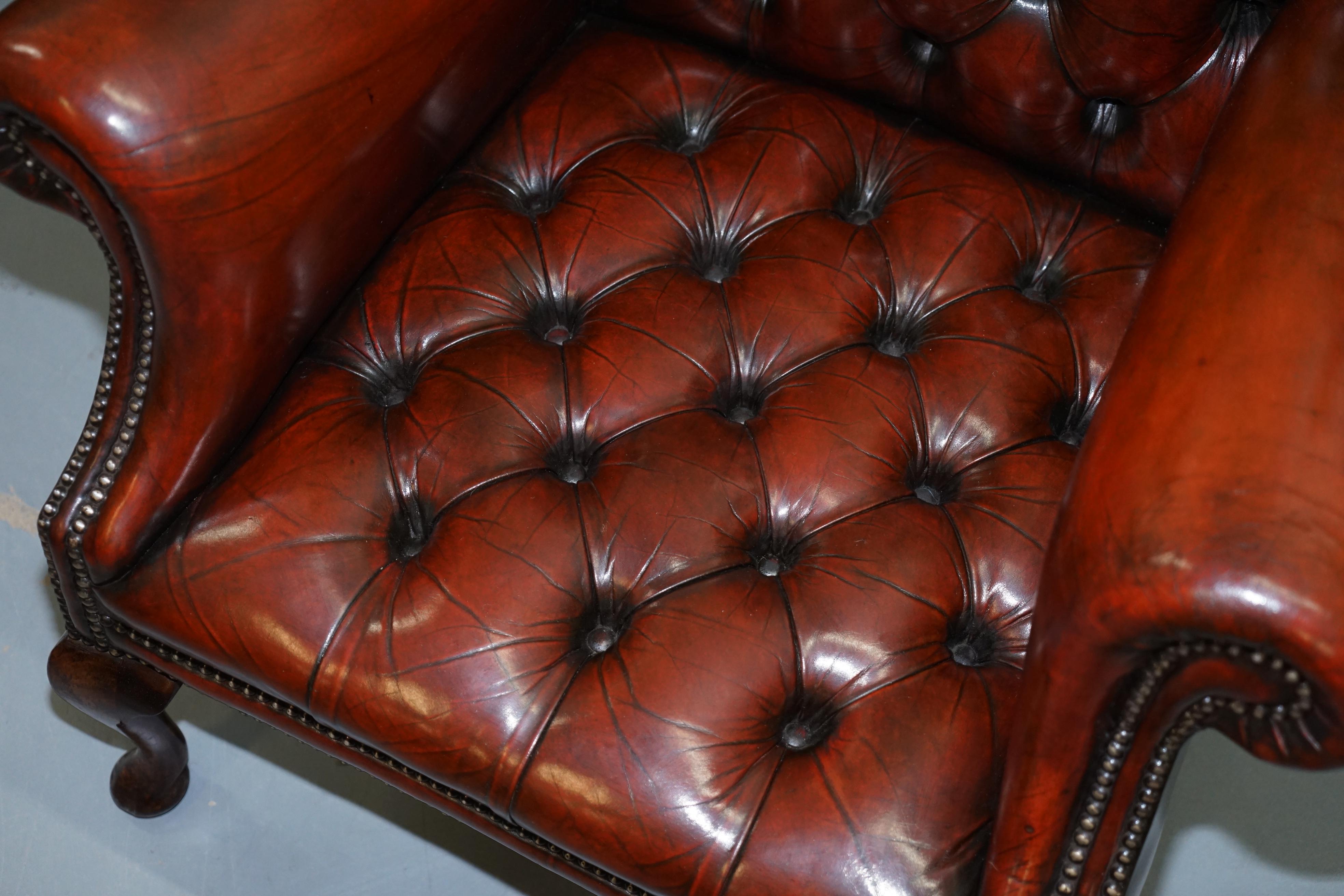 1930s Pair of Restored Chesterfield Fully Buttoned Wingback Armchairs Leather 9