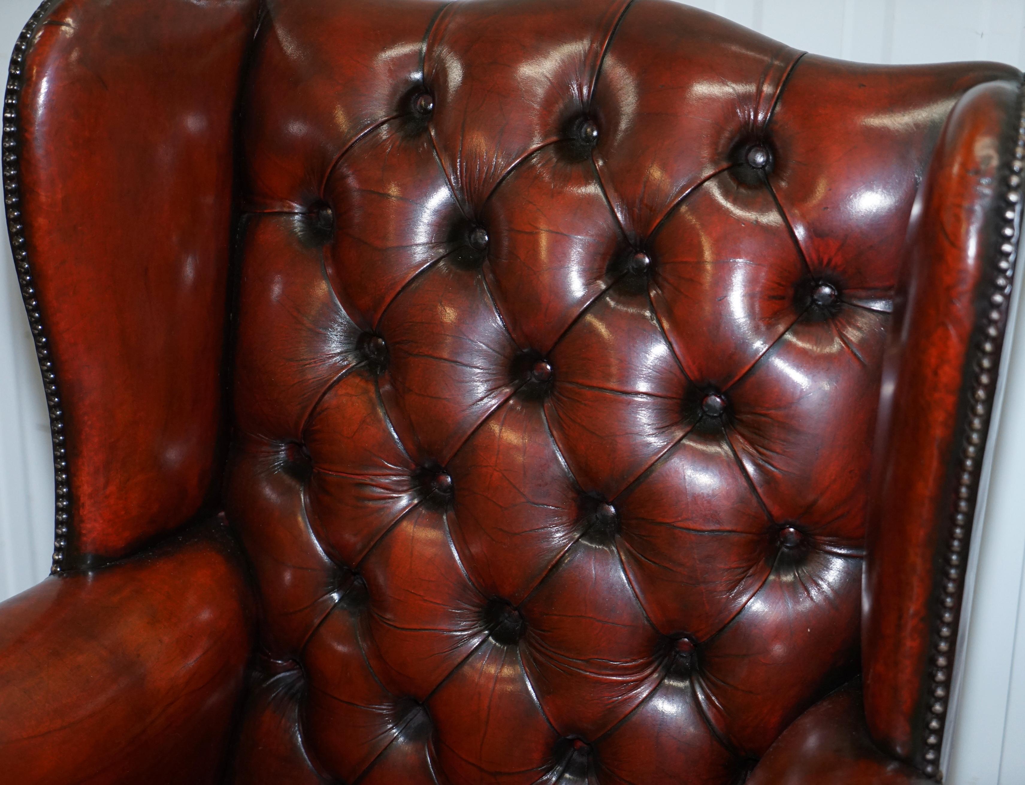 1930s Pair of Restored Chesterfield Fully Buttoned Wingback Armchairs Leather 10