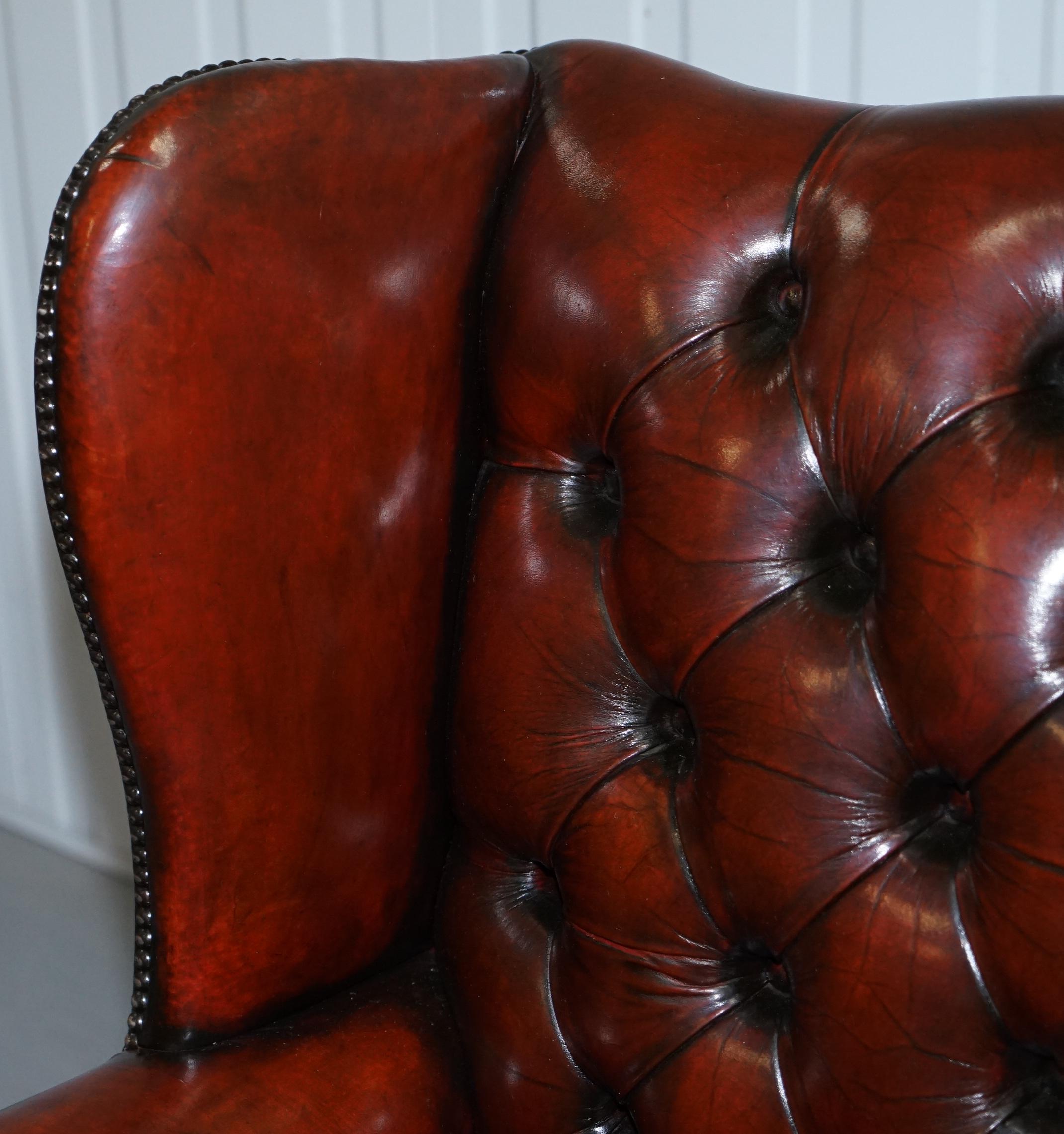 1930s Pair of Restored Chesterfield Fully Buttoned Wingback Armchairs Leather 11
