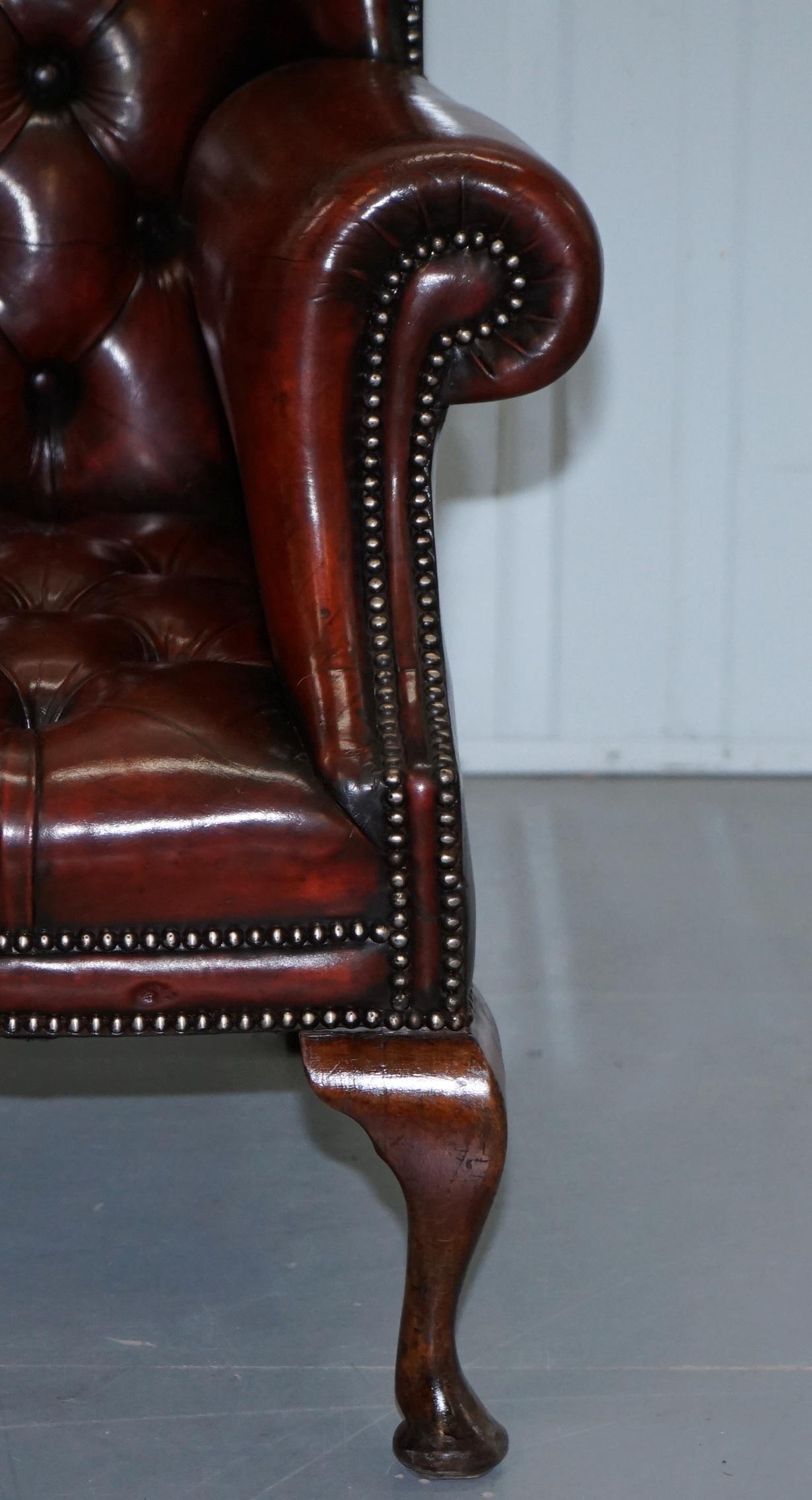 1930s Pair of Restored Chesterfield Fully Buttoned Wingback Armchairs Leather 12