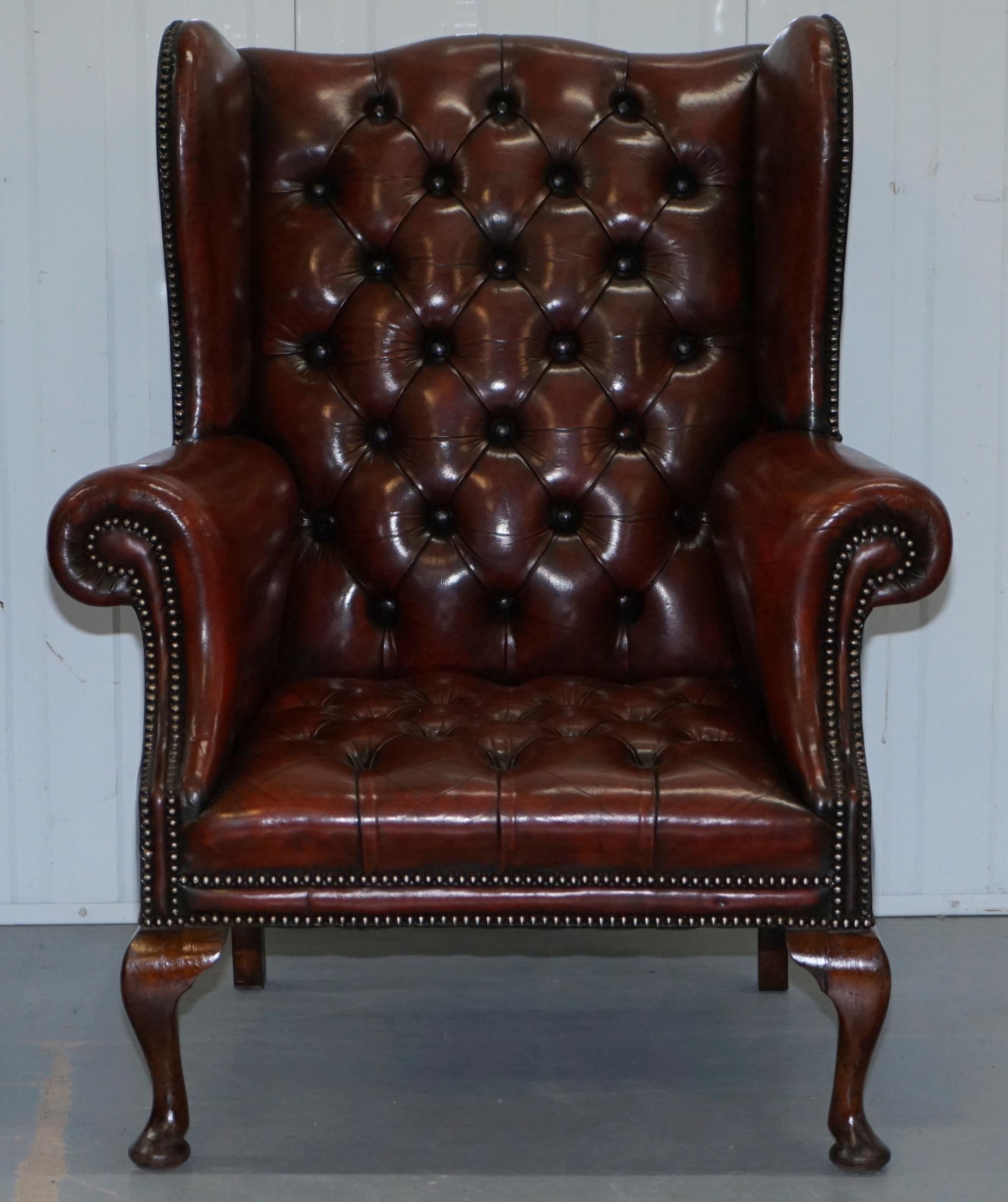 English 1930s Pair of Restored Chesterfield Fully Buttoned Wingback Armchairs Leather