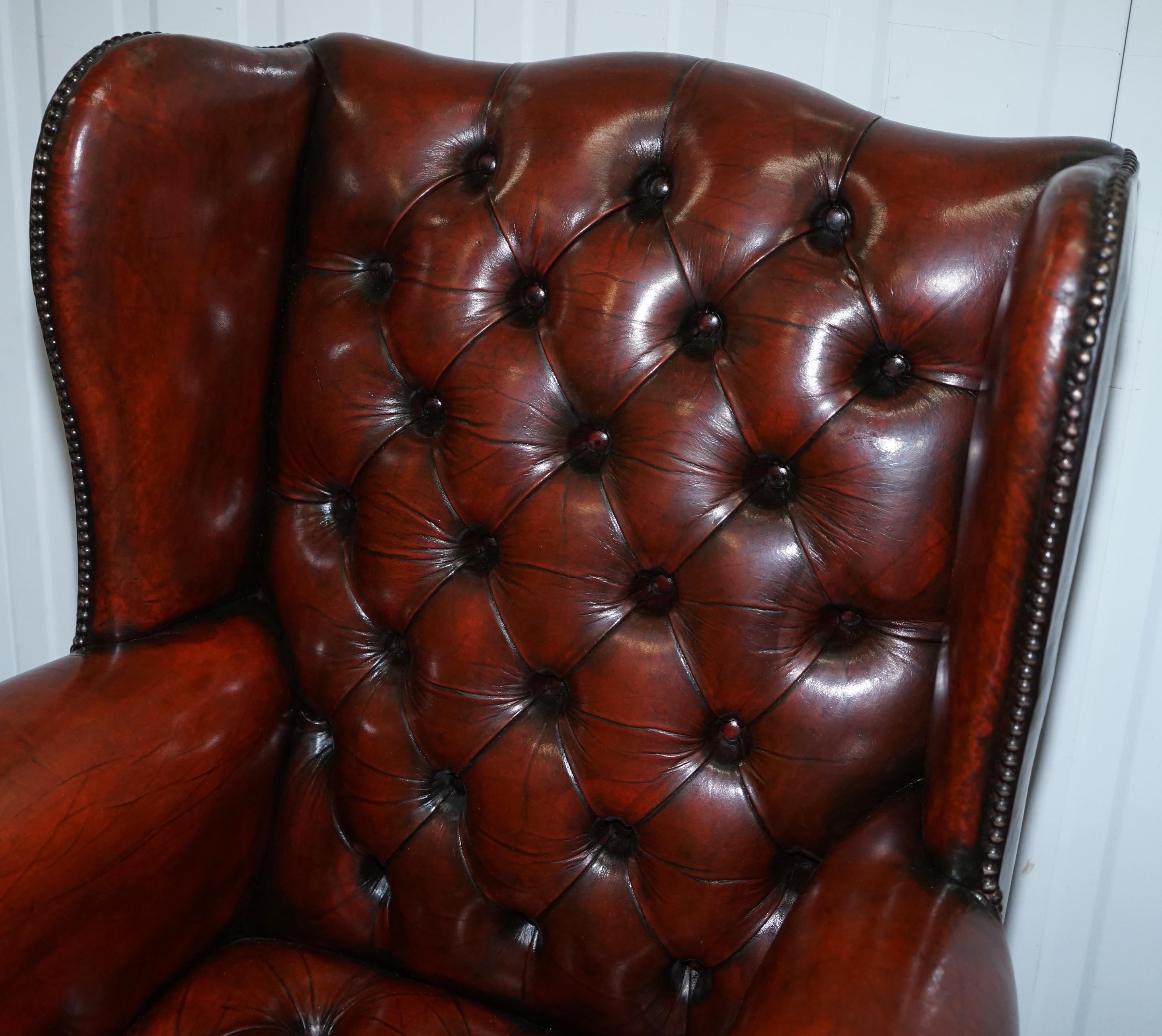 Hand-Crafted 1930s Pair of Restored Chesterfield Fully Buttoned Wingback Armchairs Leather