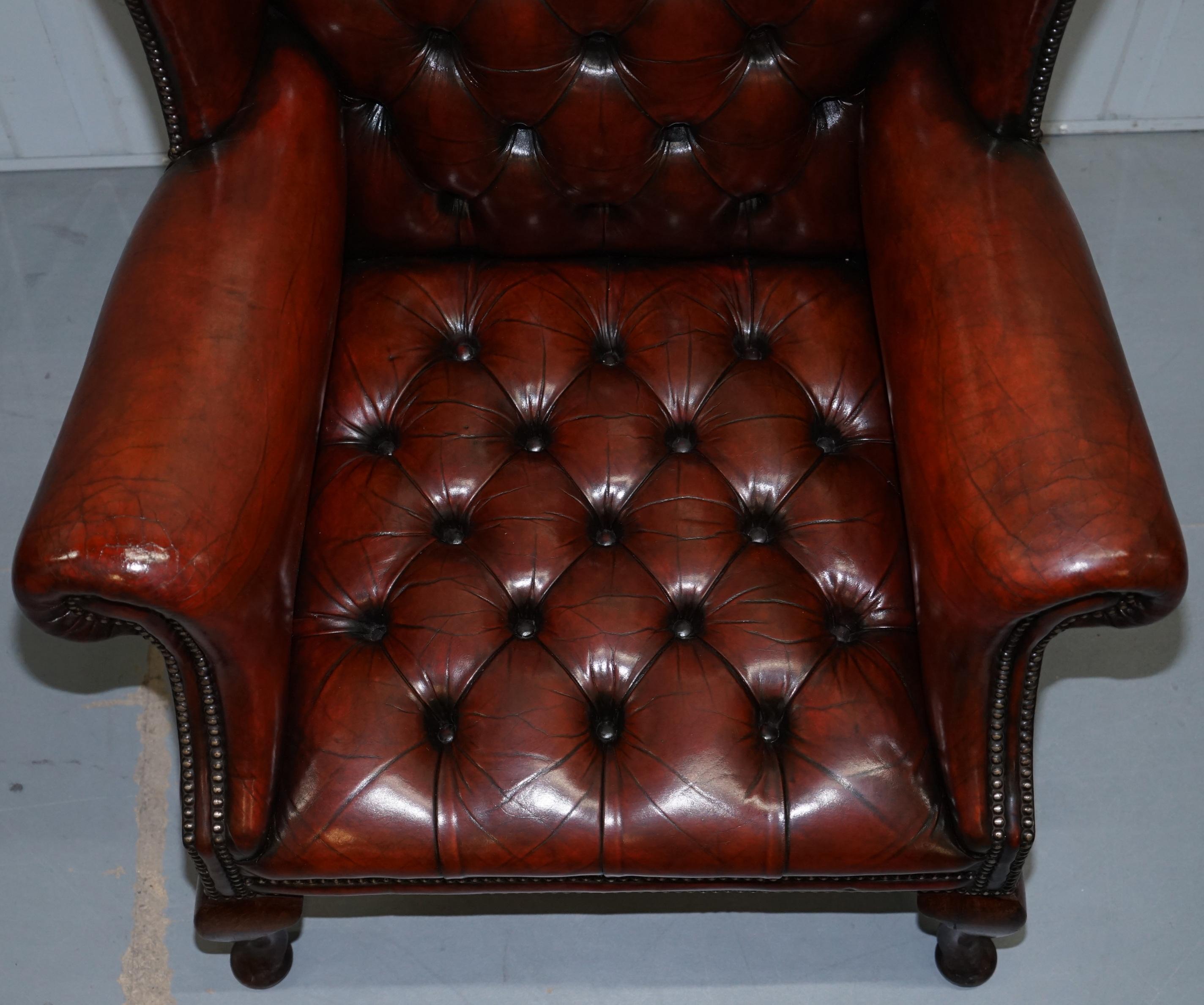 Mid-20th Century 1930s Pair of Restored Chesterfield Fully Buttoned Wingback Armchairs Leather