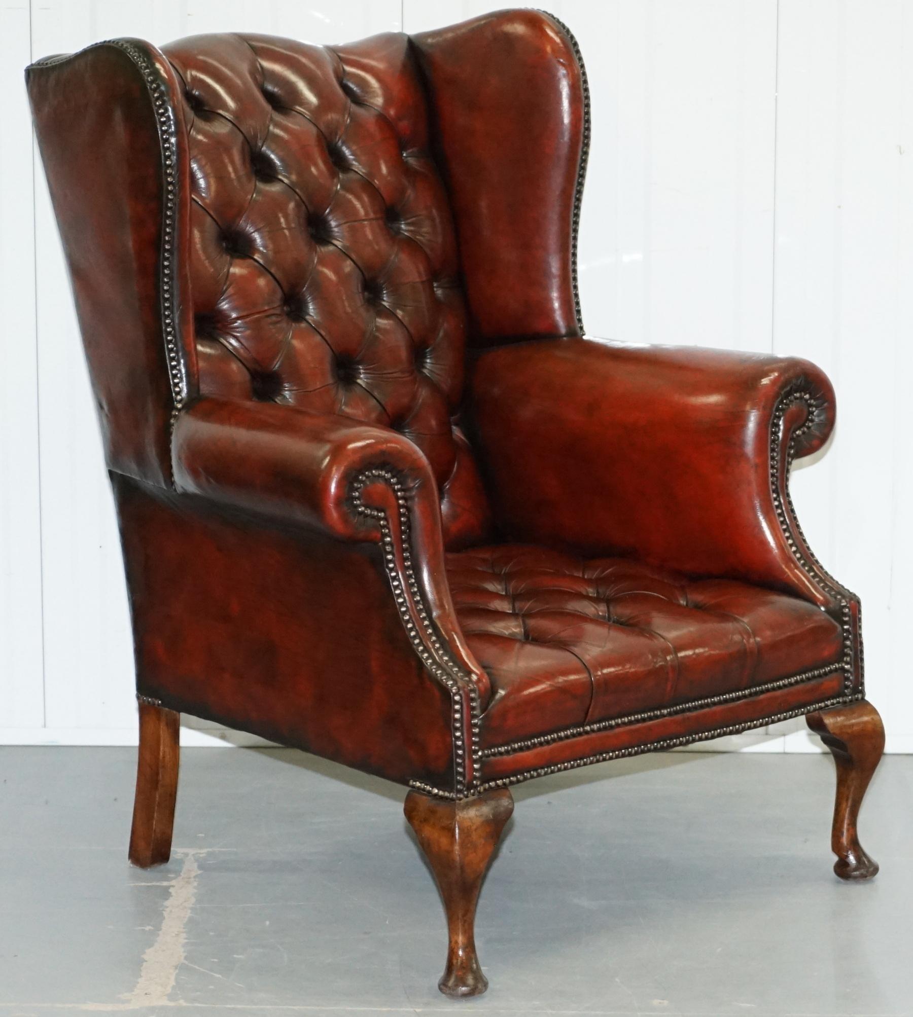 1930s Pair of Restored Chesterfield Fully Buttoned Wingback Armchairs Leather 4
