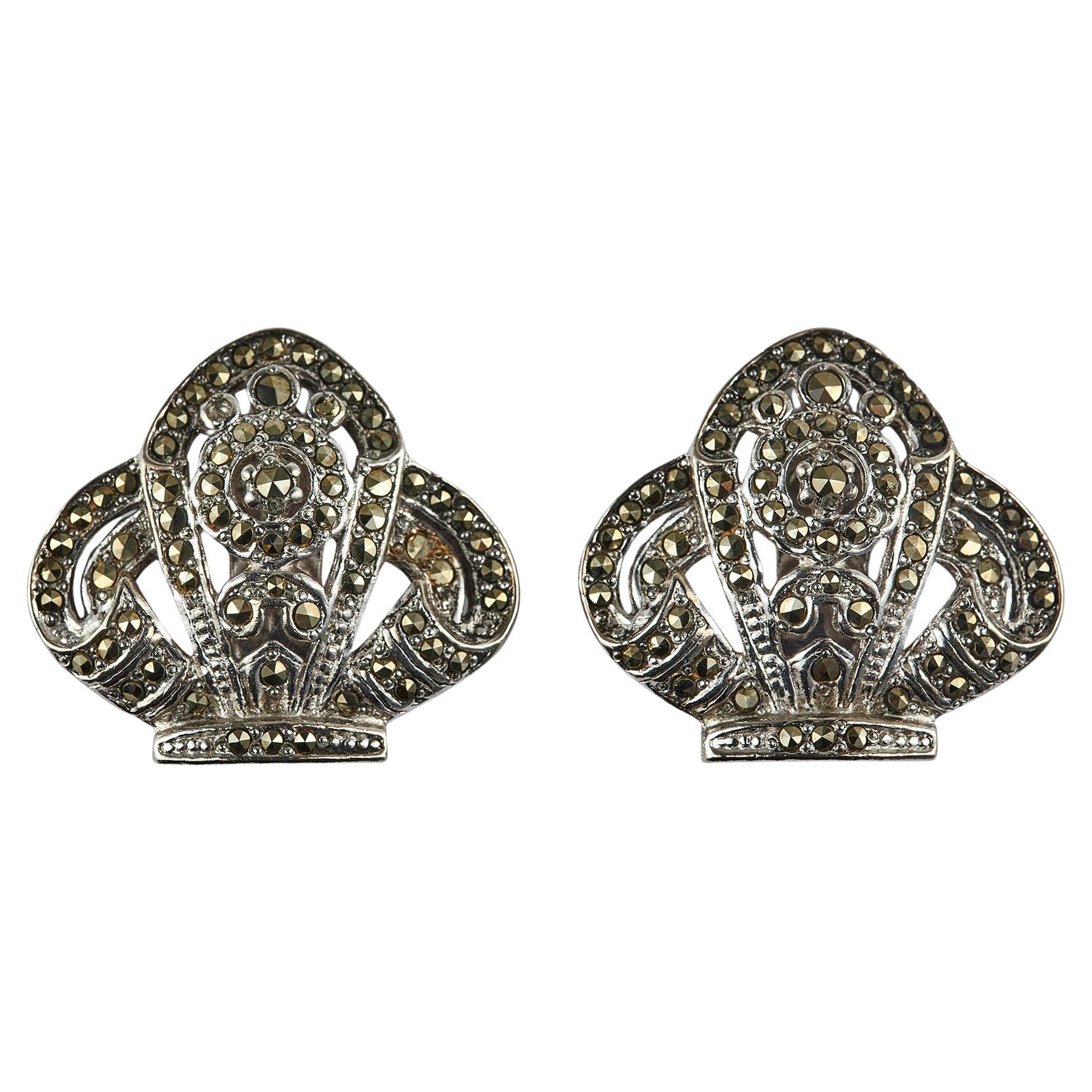 1930s Pair of Silver Marcasite Crown Shaped Dress Clips