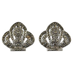 Vintage 1930s Pair of Silver Marcasite Crown Shaped Dress Clips