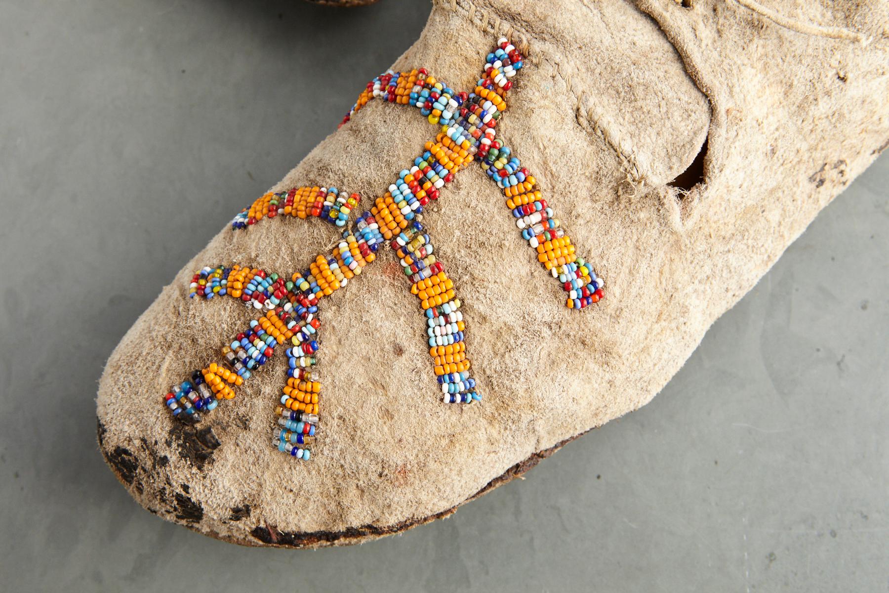 American 1930s Pair of Sioux Adult Natural Buckskin Moccasins with Old Beads