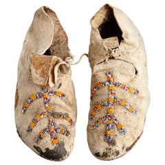 1930s Pair of Sioux Adult Natural Buckskin Moccasins with Old Beads
