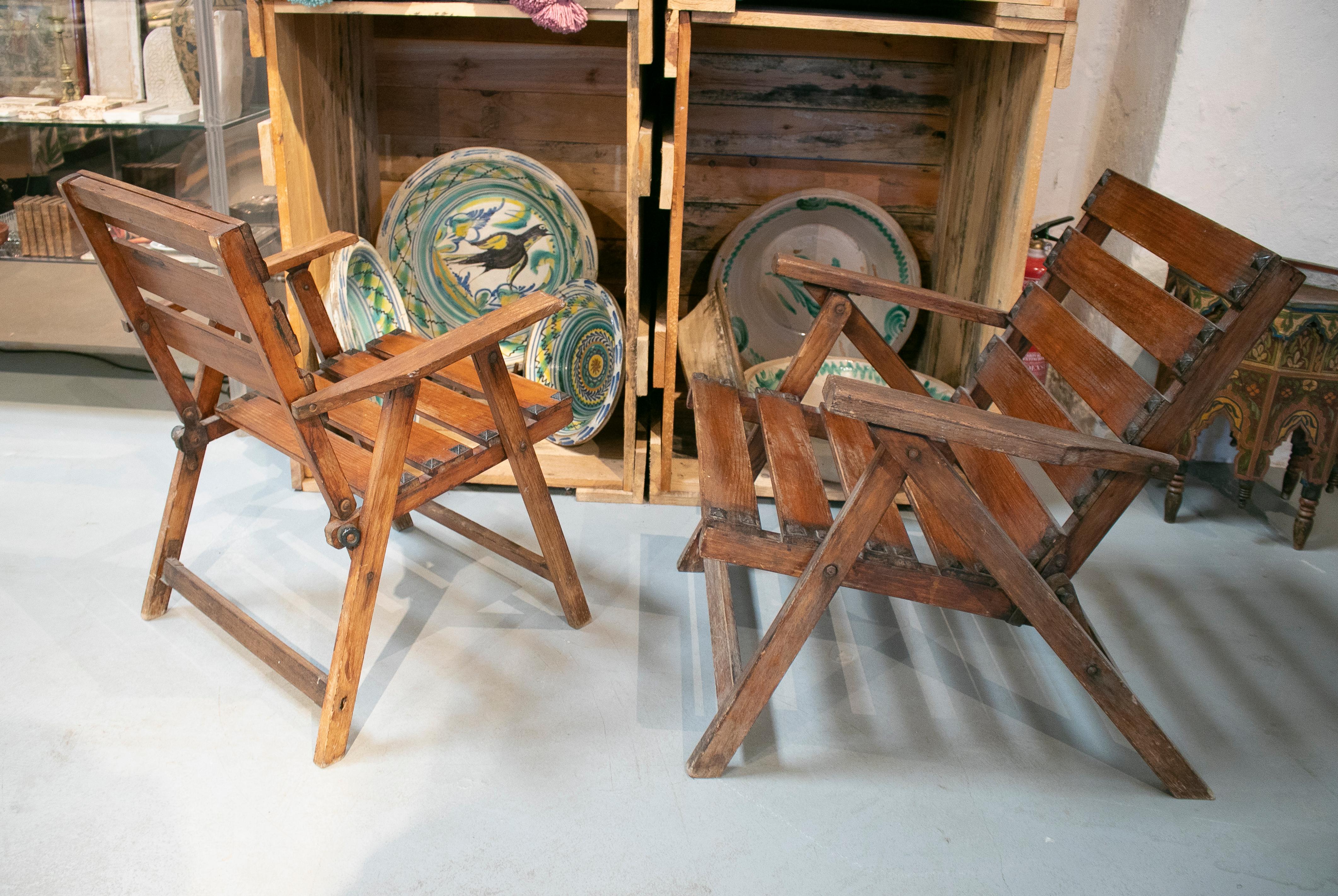 1930s Pair of Spanish Wooden Garden Armchairs In Good Condition For Sale In Marbella, ES