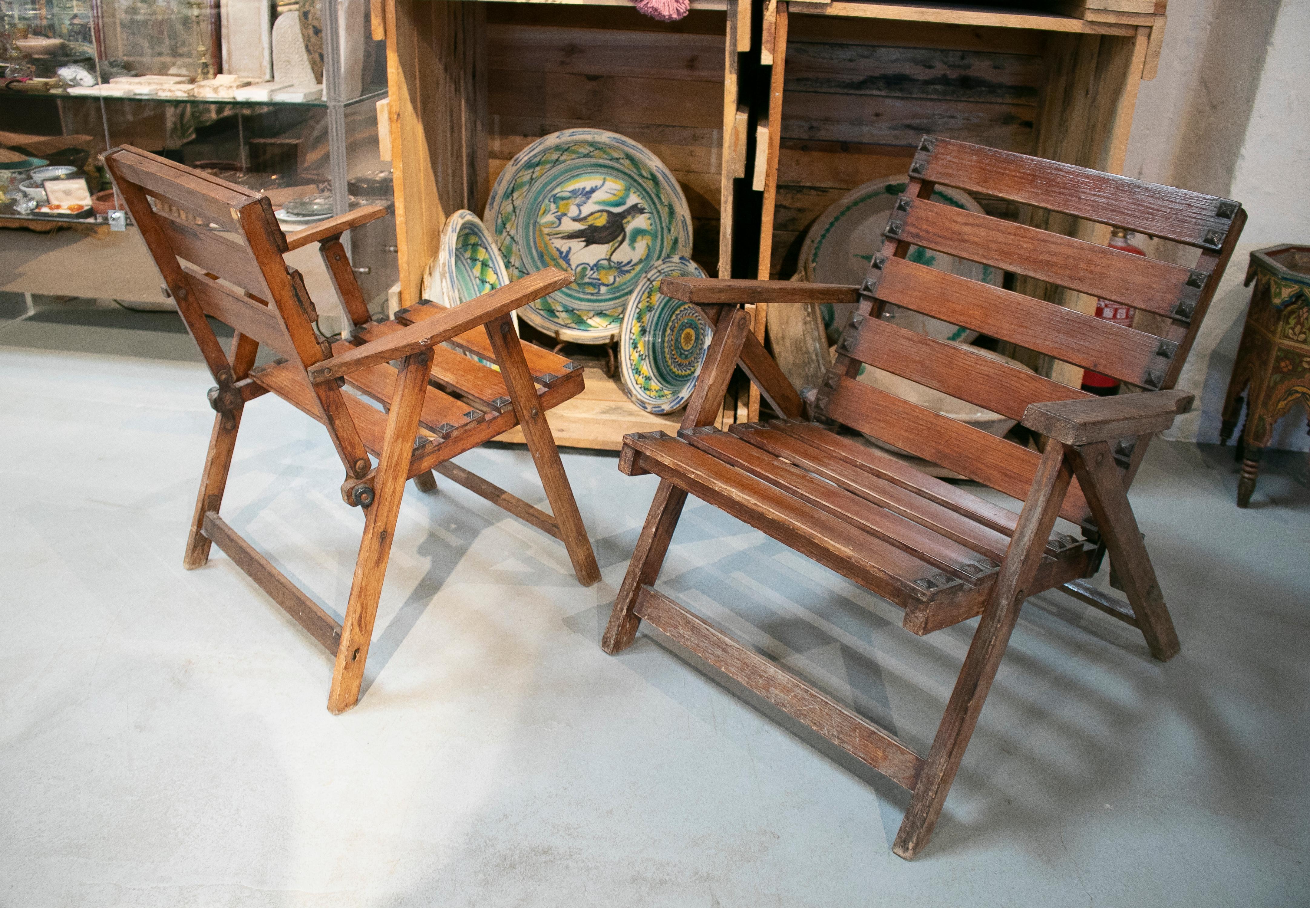 1930s Pair of Spanish Wooden Garden Armchairs In Good Condition For Sale In Marbella, ES