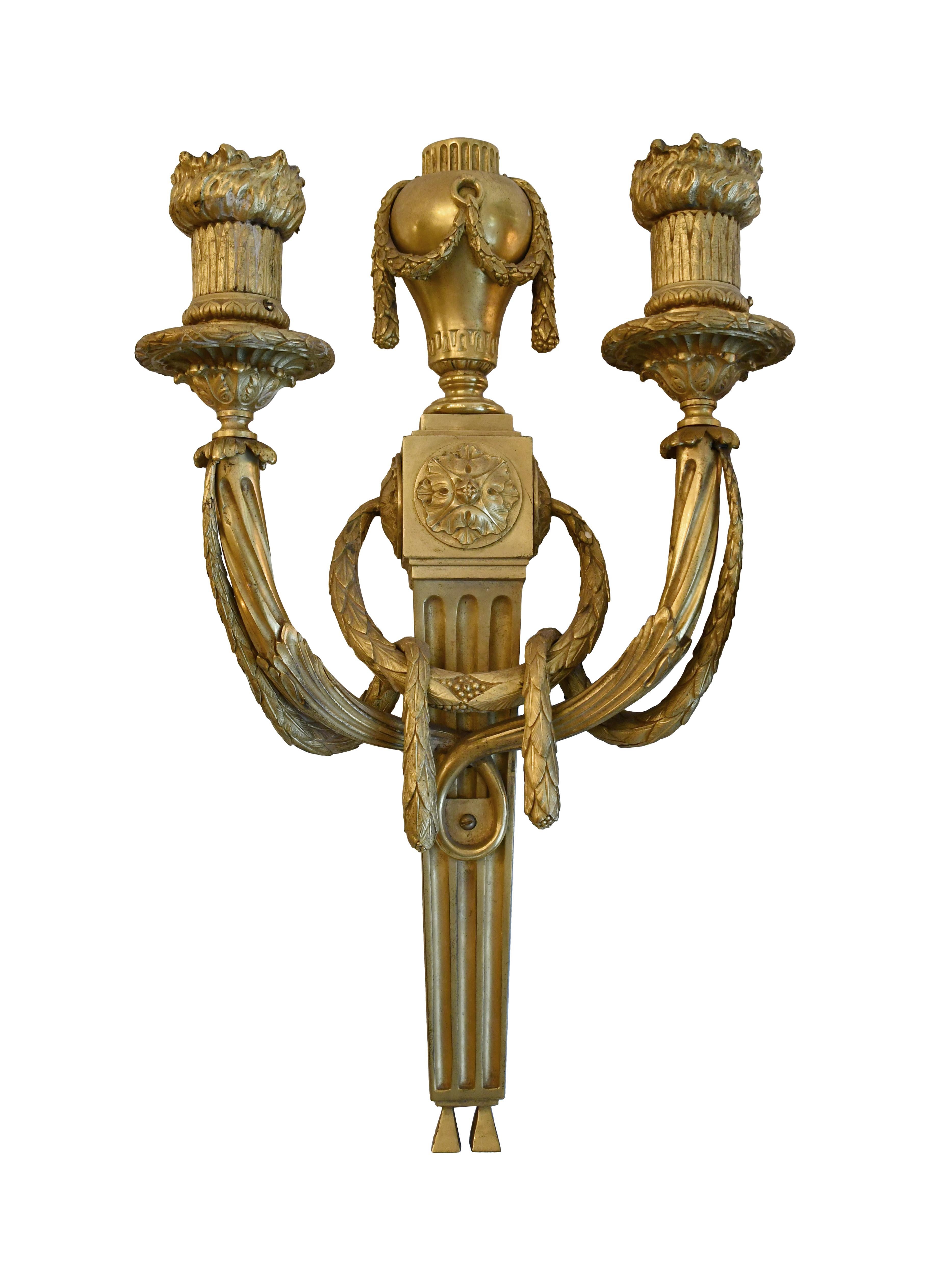 Originally from East 82nd St. in Manhattan, these 1930s exquisite EF Caldwell sconces are a Classic gold gilding over bronze. EF Caldwell & Co. was America’s premier producer of lighting and other metal objects during the turn of the 20th century