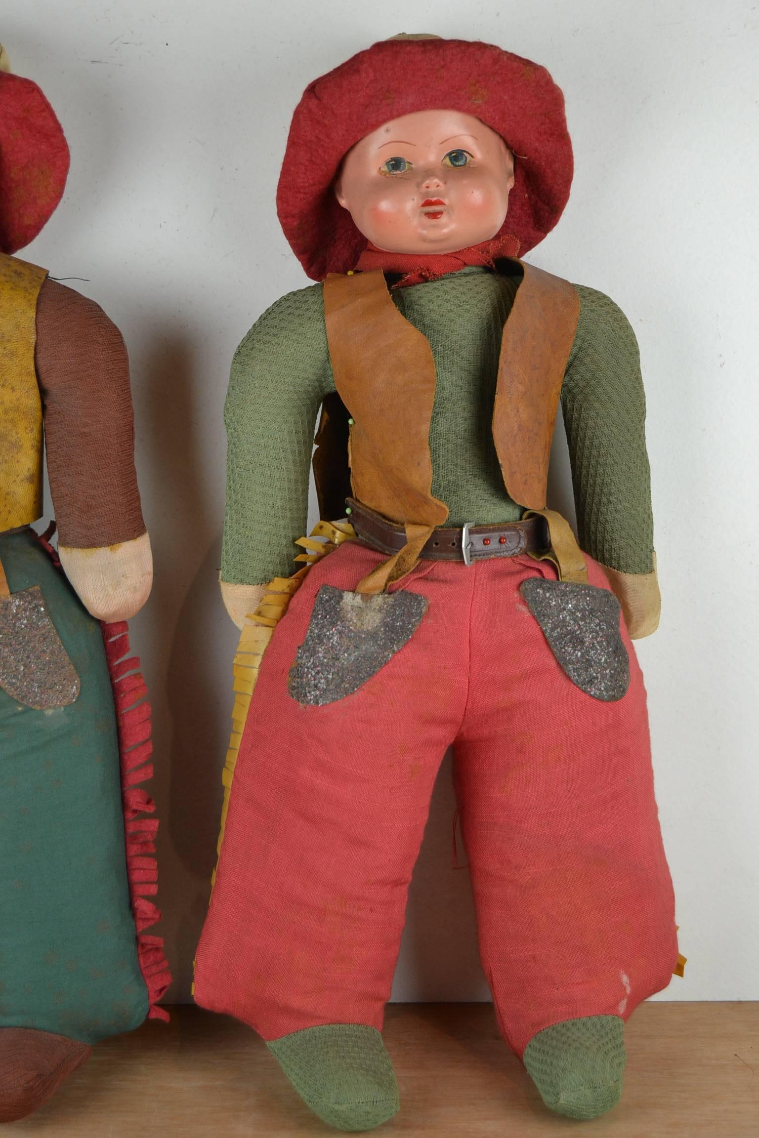 Art Deco 1930s Pair of Western Cowboy and Cowgirl Toy Dolls
