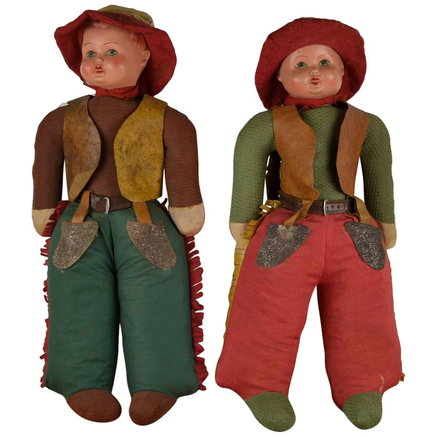 1930s Pair of Western Cowboy and Cowgirl Toy Dolls For Sale