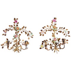 1930s Pair of Wrought Iron and Coloured Glass Wall Lamp