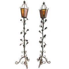 1930s Pair of Wrought Iron Decorative Vine Floor Lamp Torchièrs