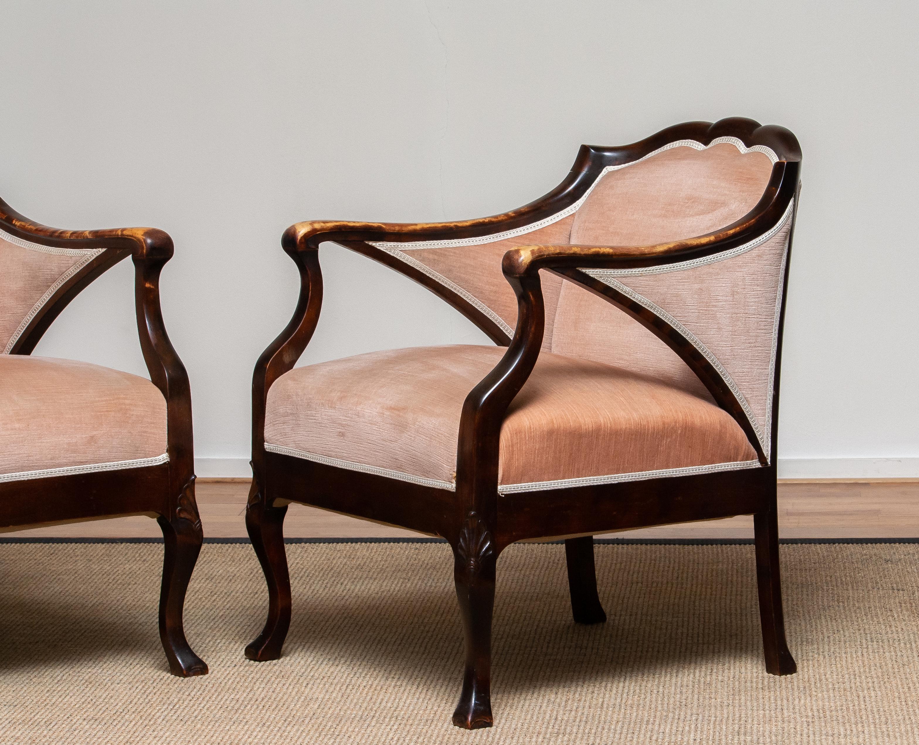 1930s Pair Scandinavian Velvet Art Nouveau Easy / Armchairs after Fritz Hennings In Good Condition In Silvolde, Gelderland