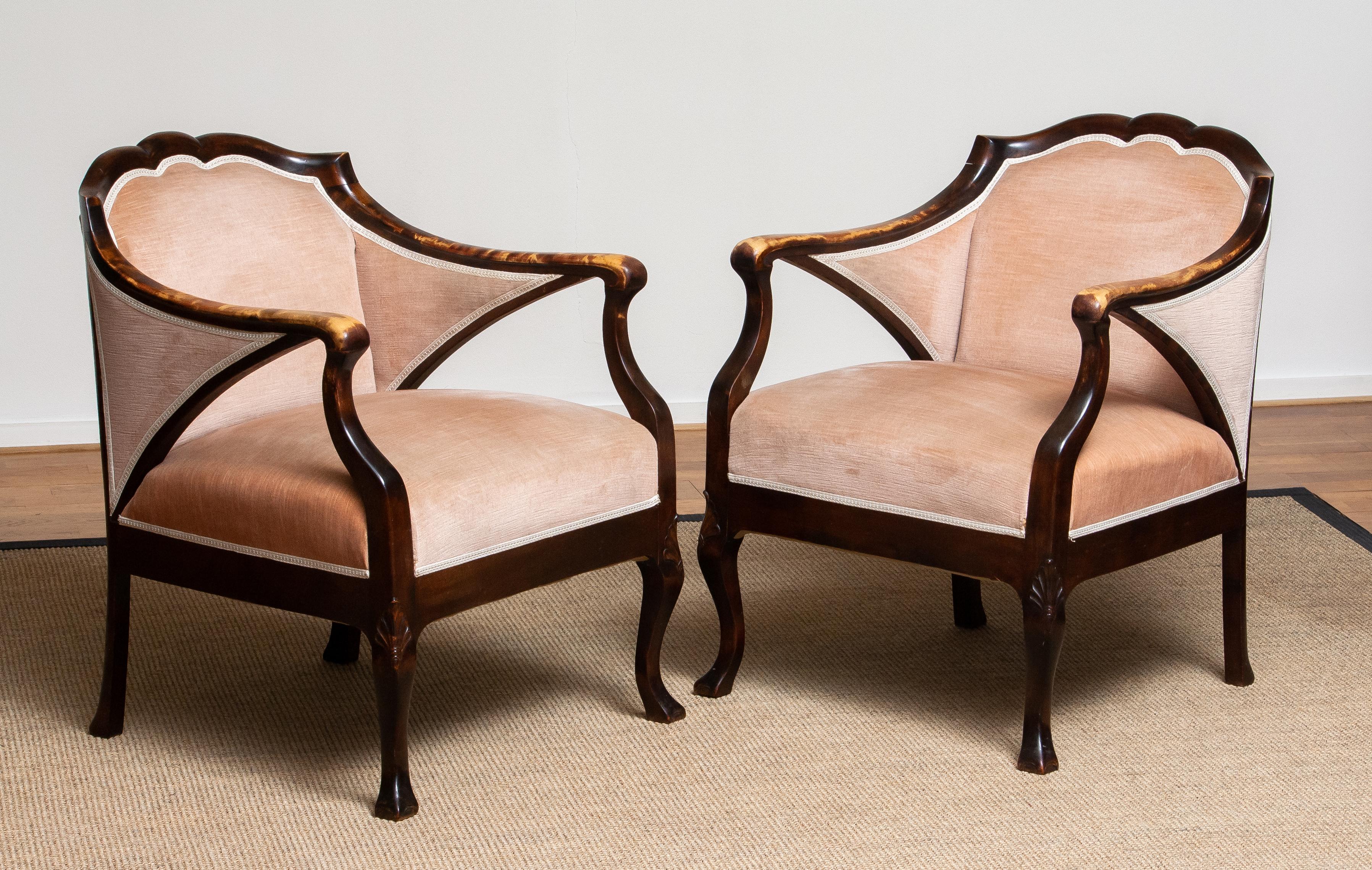 Mid-20th Century 1930s Pair Scandinavian Velvet Art Nouveau Easy / Armchairs after Fritz Hennings