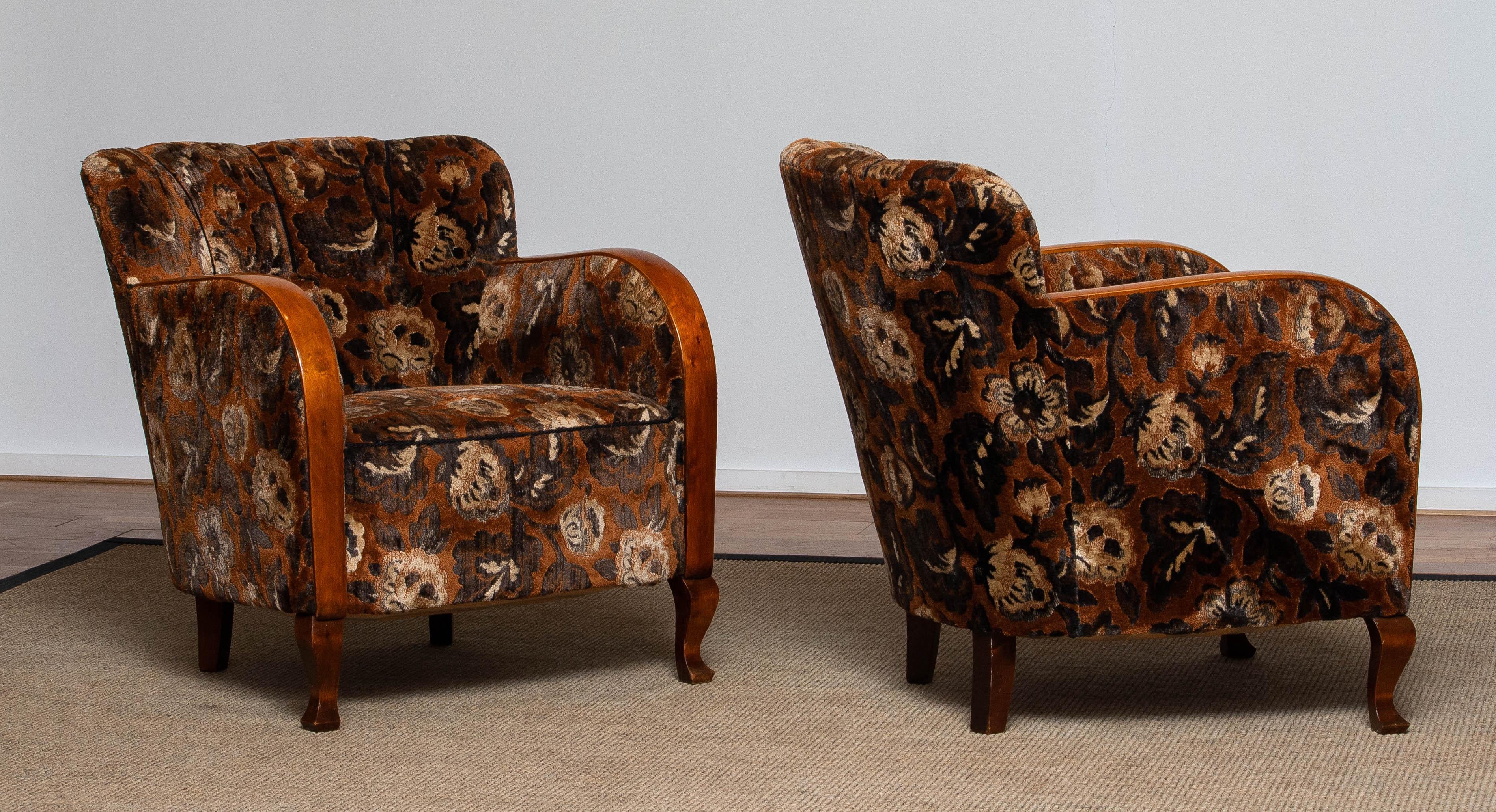 1930's Pair Swedish Art Deco Club Chairs with Floral Rust Jacquard Velvet 4