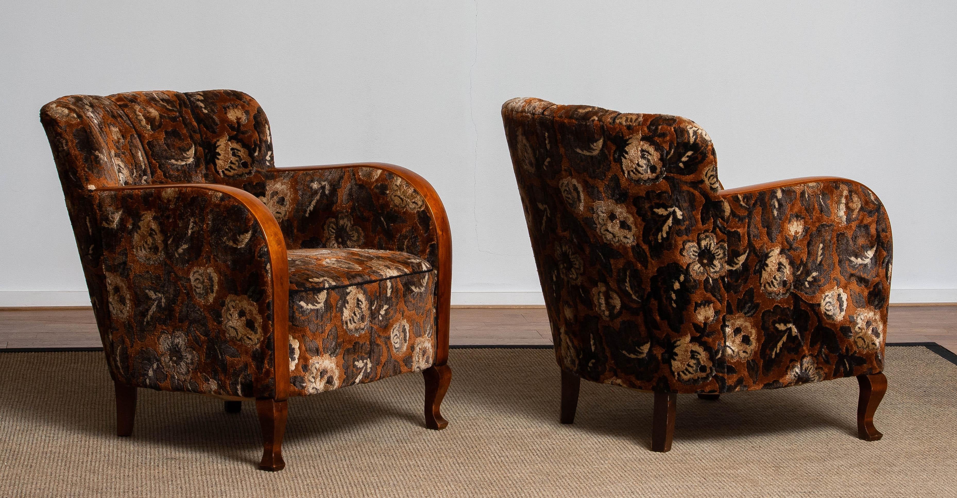 1930's Pair Swedish Art Deco Club Chairs with Floral Rust Jacquard Velvet 5