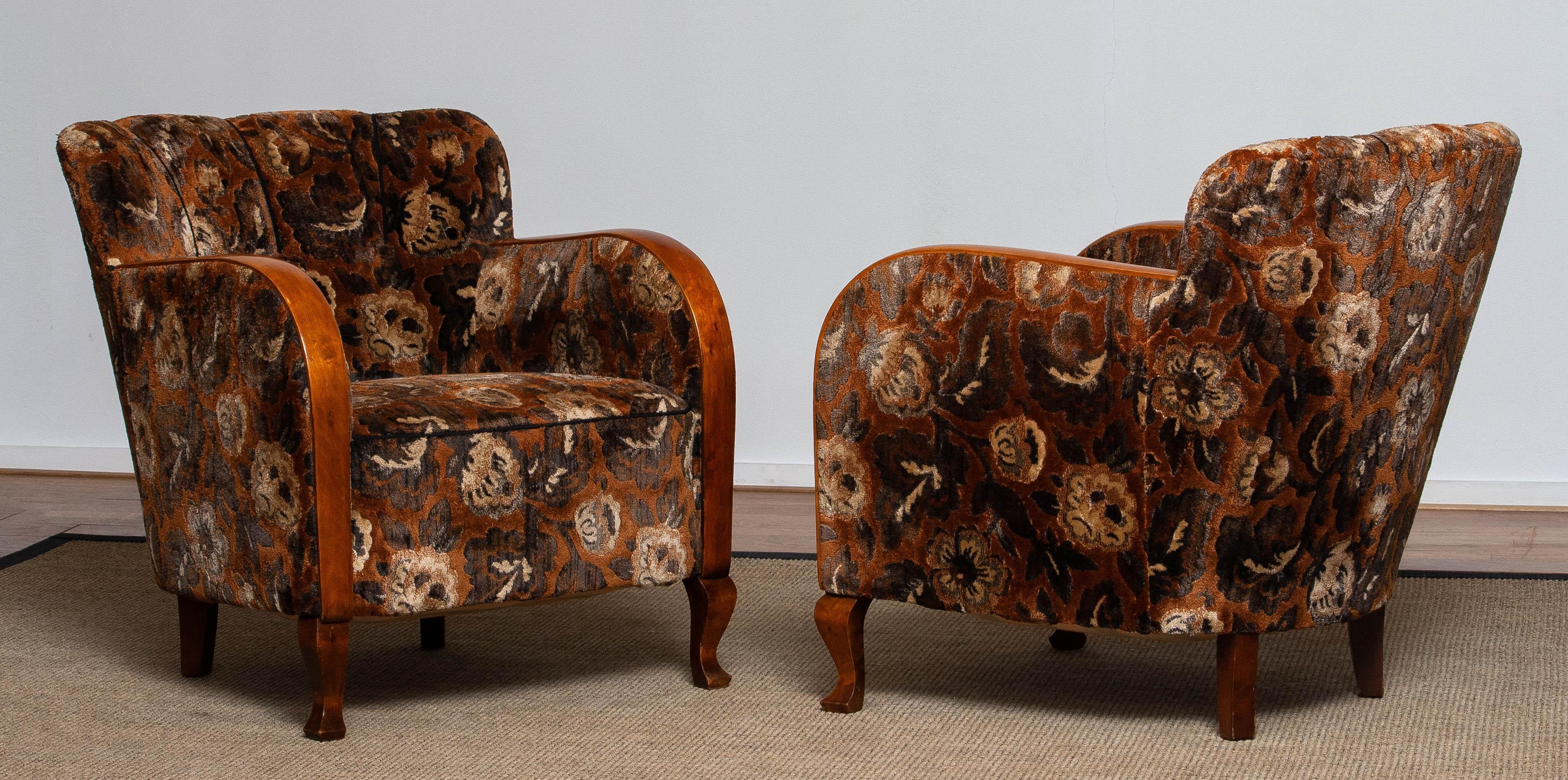 1930's Pair Swedish Art Deco Club Chairs with Floral Rust Jacquard Velvet 6