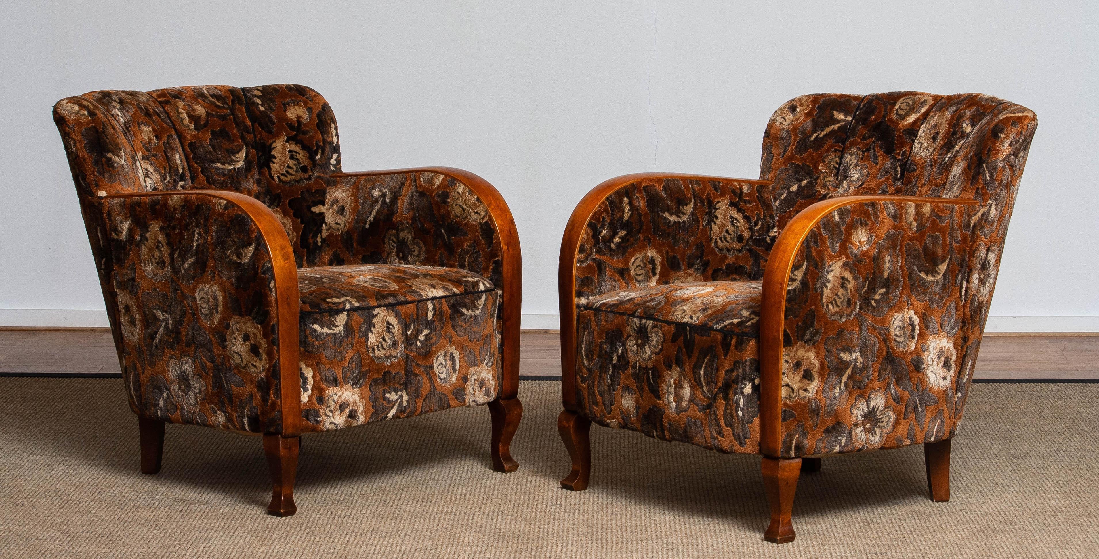 1930's Pair Swedish Art Deco Club Chairs with Floral Rust Jacquard Velvet 7