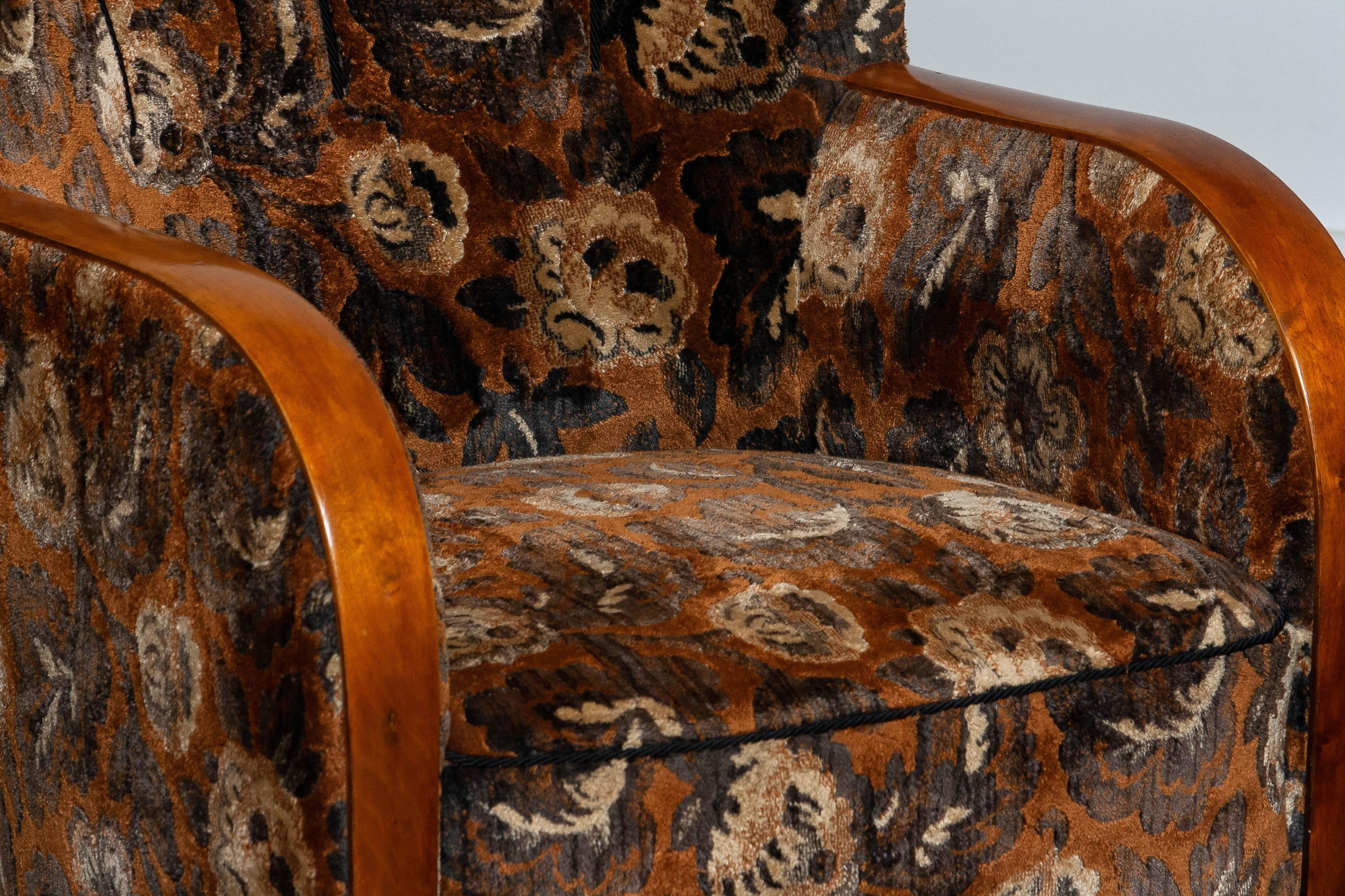 1930's Pair Swedish Art Deco Club Chairs with Floral Rust Jacquard Velvet 8