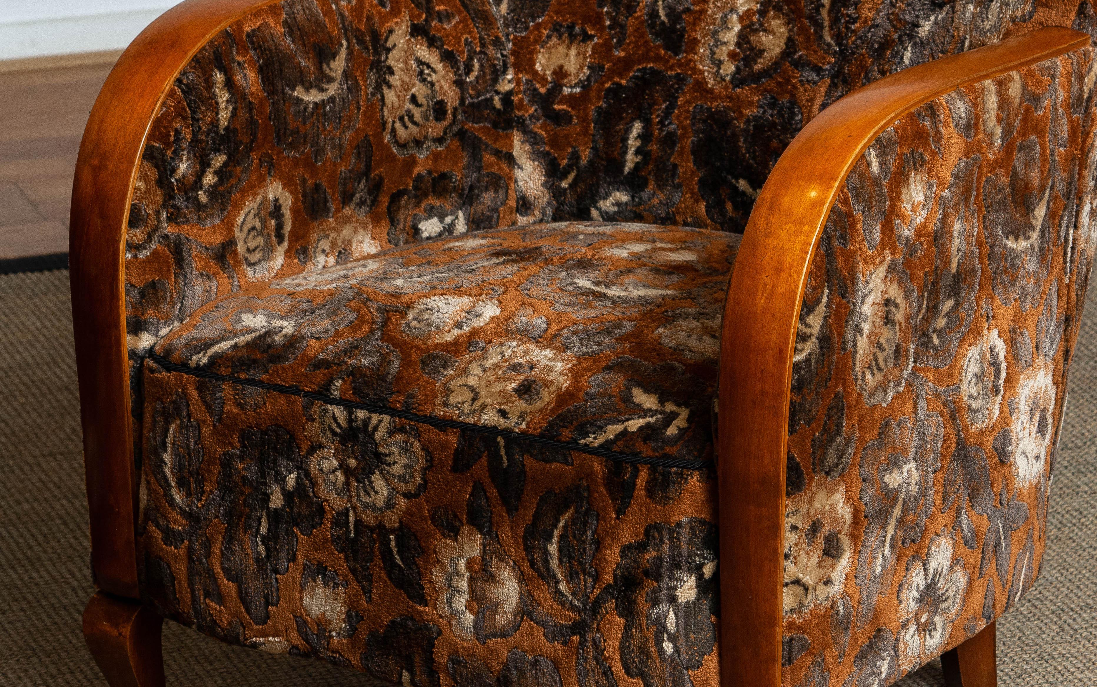 1930's Pair Swedish Art Deco Club Chairs with Floral Rust Jacquard Velvet 10