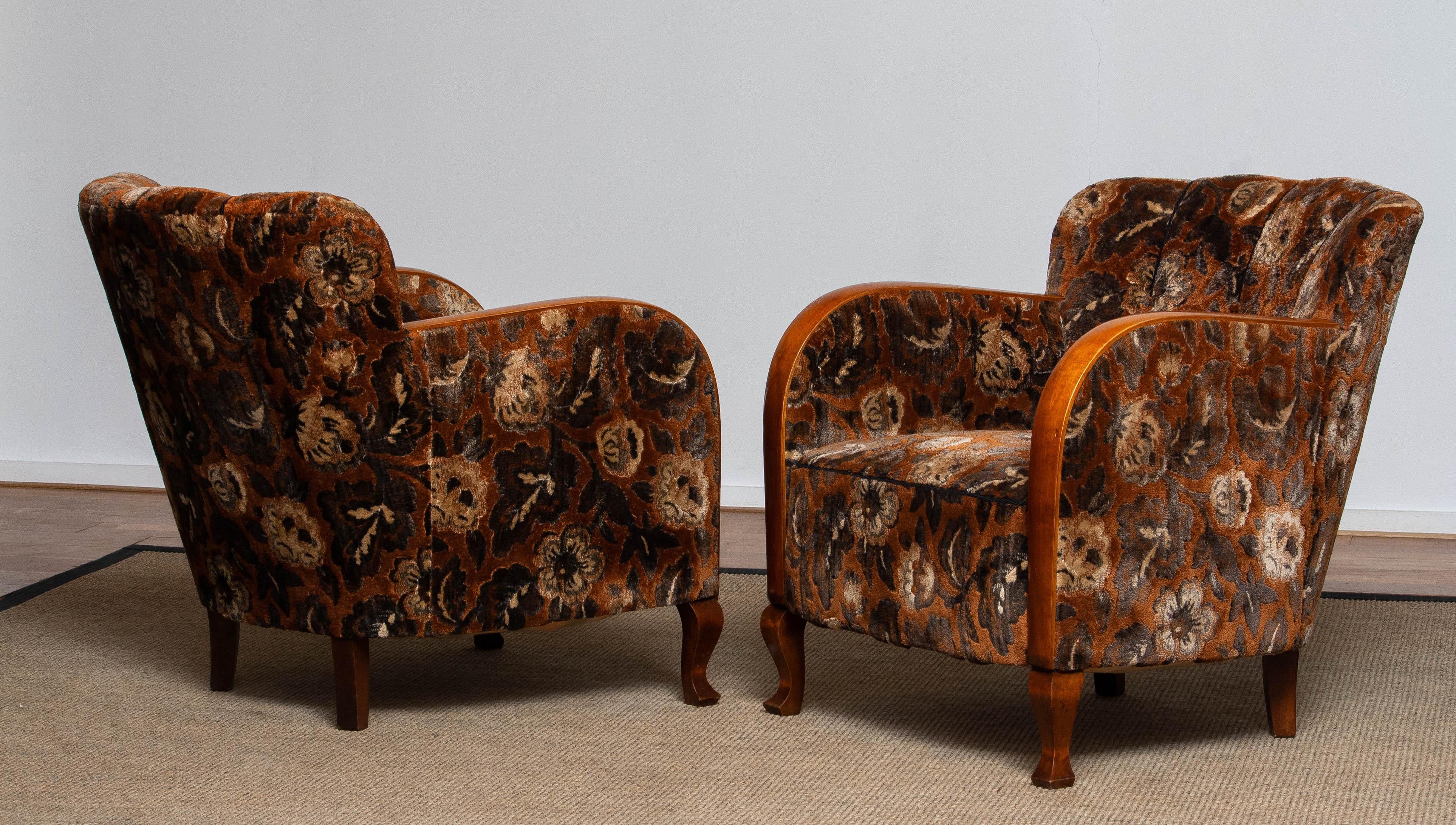 Mid-20th Century 1930's Pair Swedish Art Deco Club Chairs with Floral Rust Jacquard Velvet