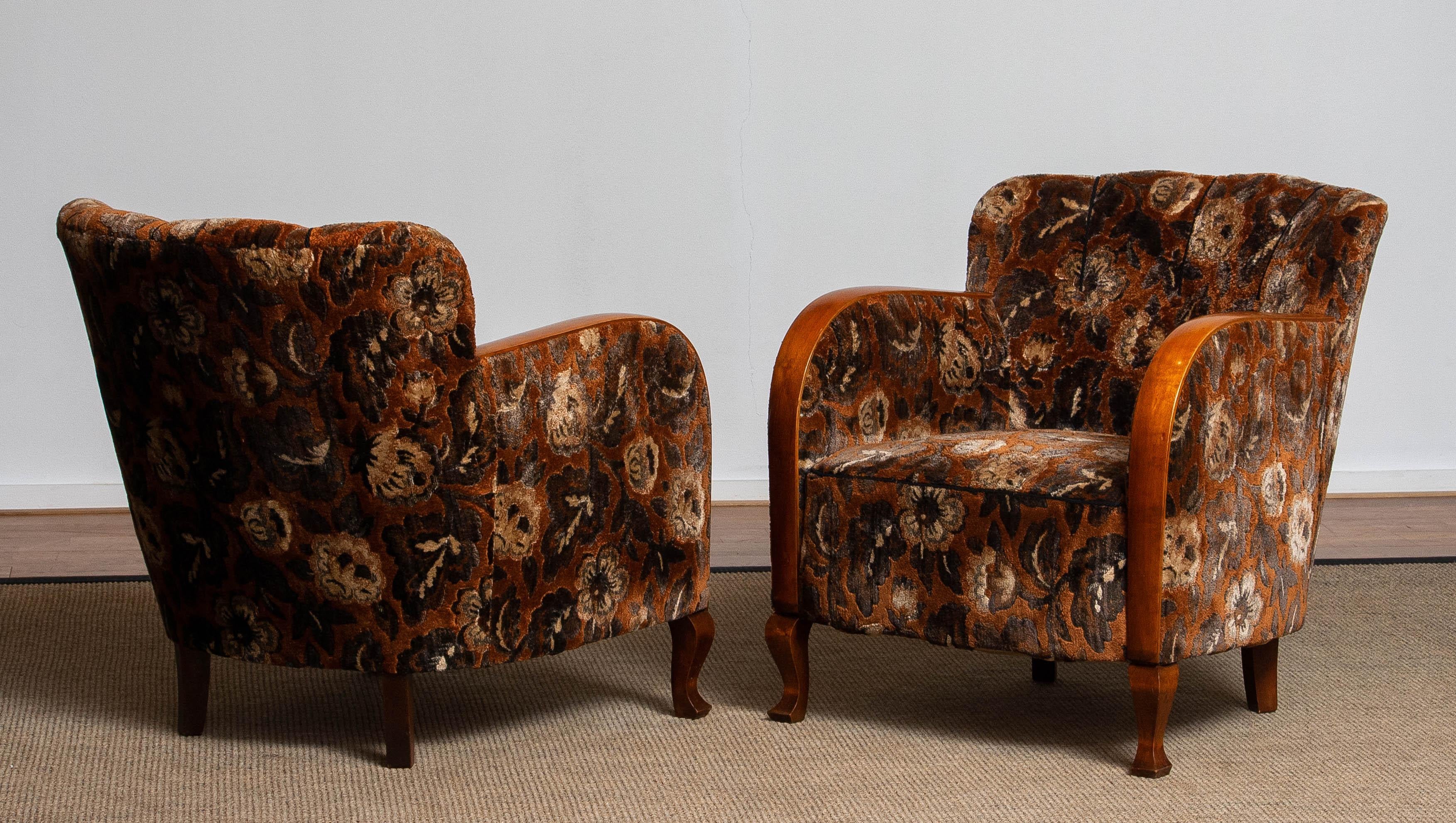 1930's Pair Swedish Art Deco Club Chairs with Floral Rust Jacquard Velvet 2