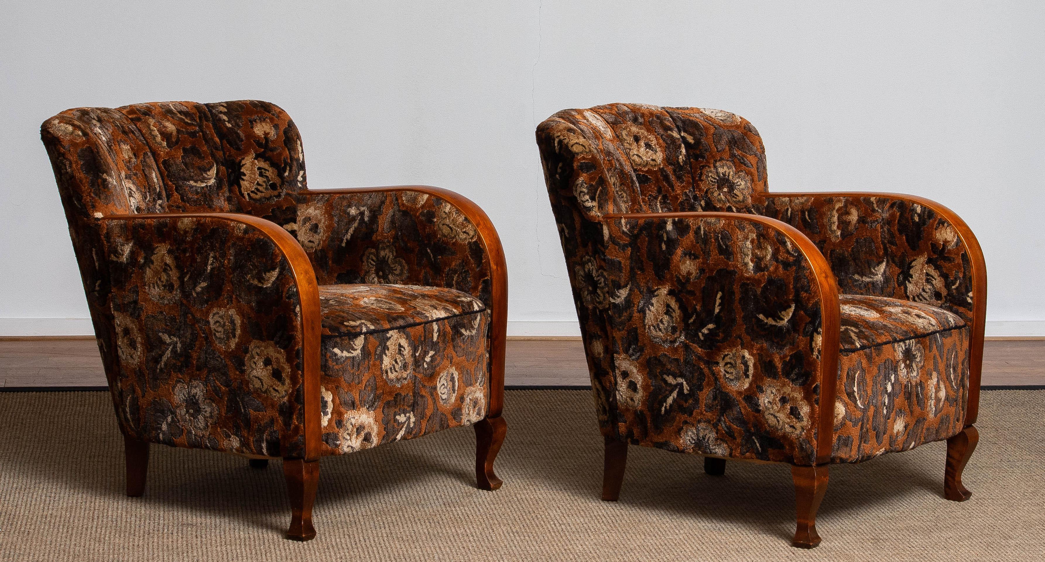 1930's Pair Swedish Art Deco Club Chairs with Floral Rust Jacquard Velvet 3