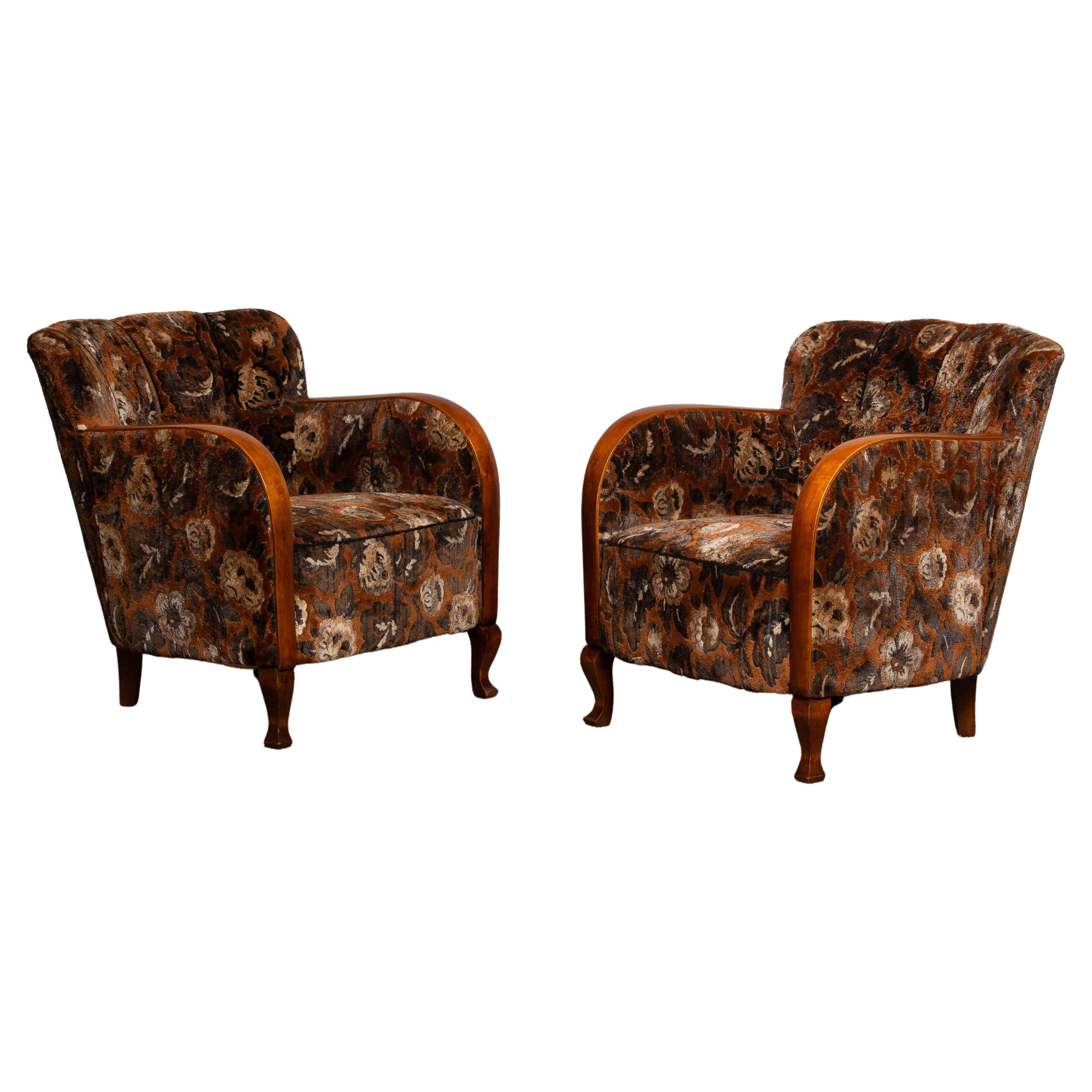 1930's Pair Swedish Art Deco Club Chairs with Floral Rust Jacquard Velvet