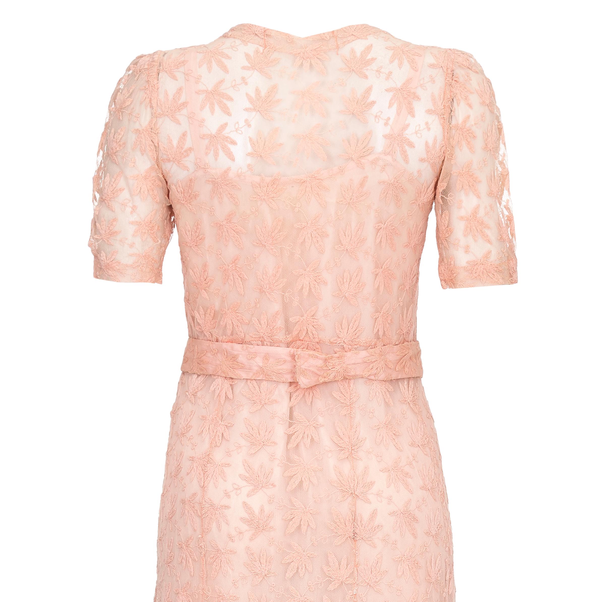 Women's 1930s Pale Pink Embroidered Lace Tea Gown Dress For Sale