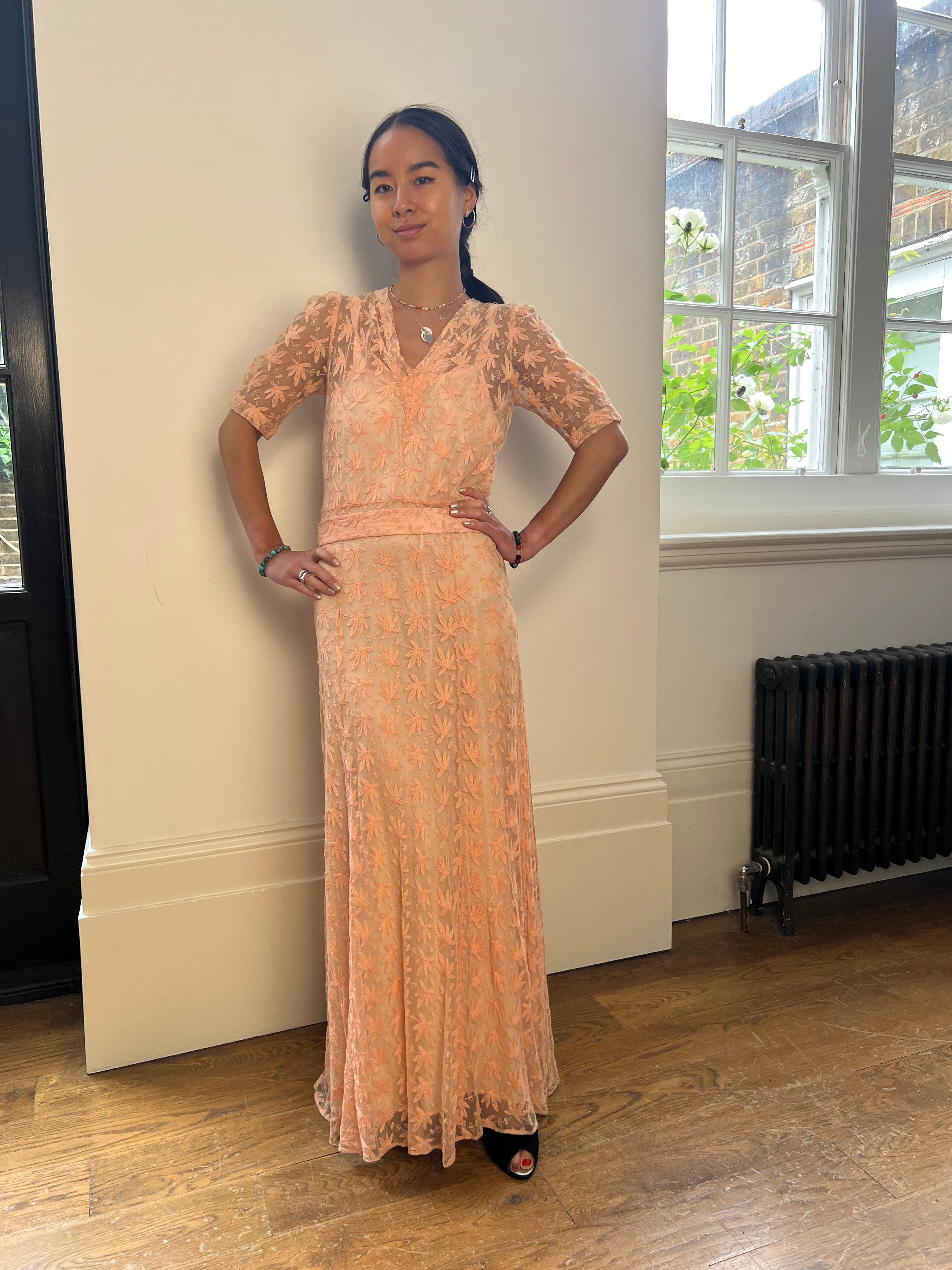 Women's 1930s Pale Pink Embroidered Lace Tea Gown Dress For Sale