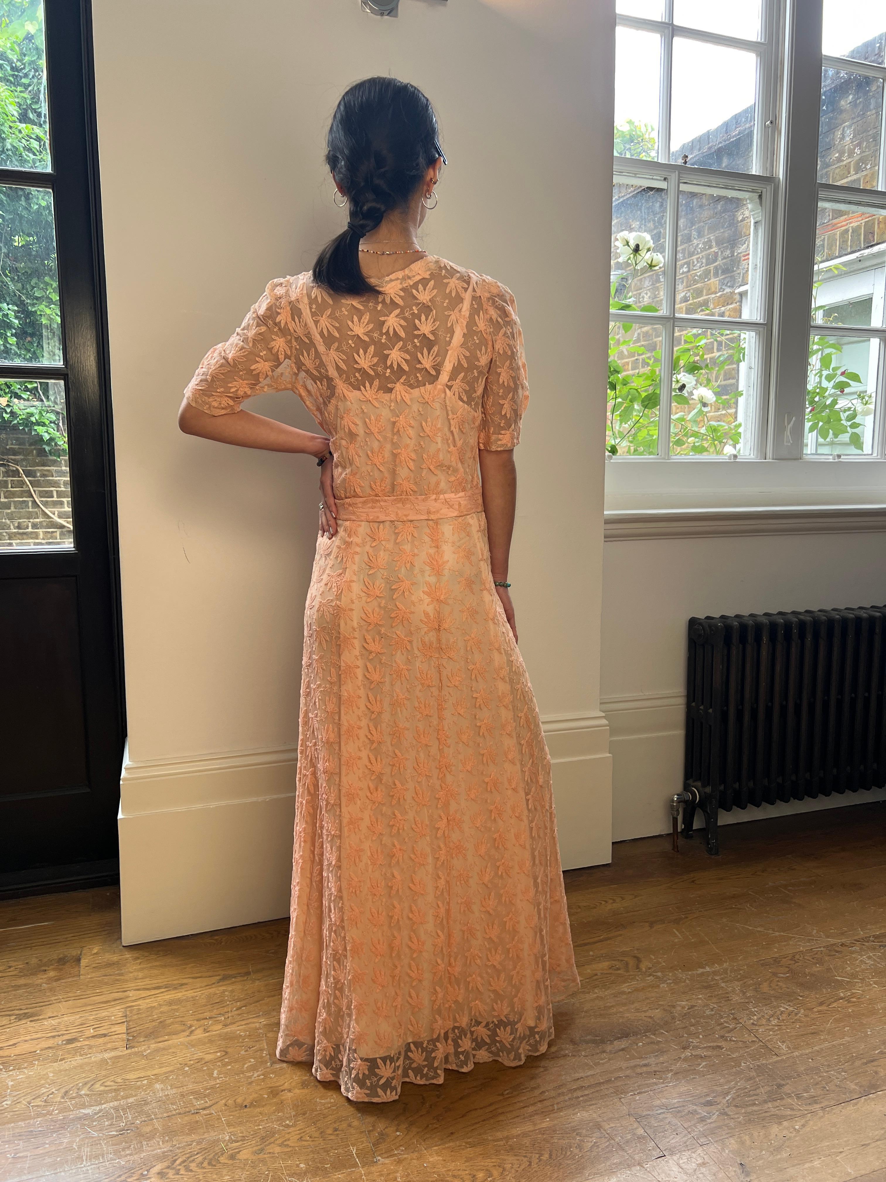 1930s Pale Pink Embroidered Lace Tea Gown Dress For Sale 1