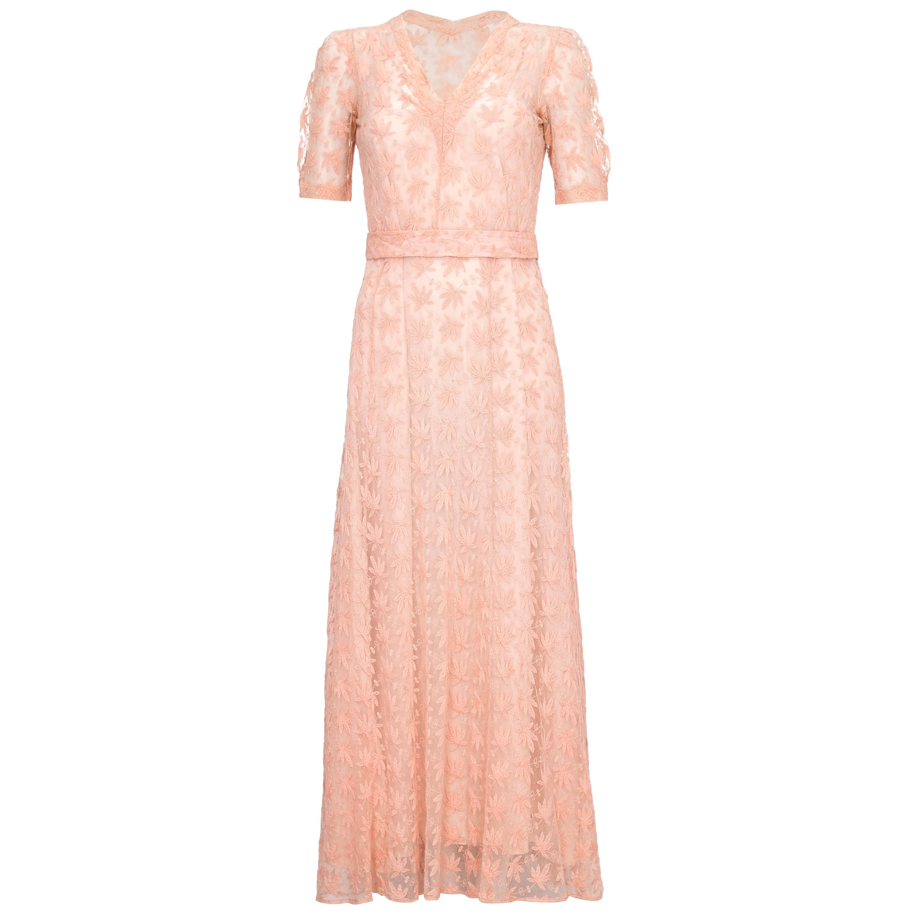 1930s Pale Pink Embroidered Lace Tea Gown Dress For Sale