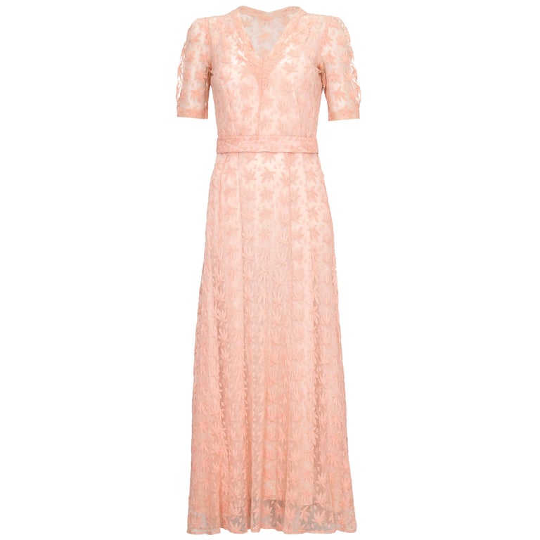 1930s Pale Pink Embroidered Lace Tea Gown Dress For Sale at 1stDibs