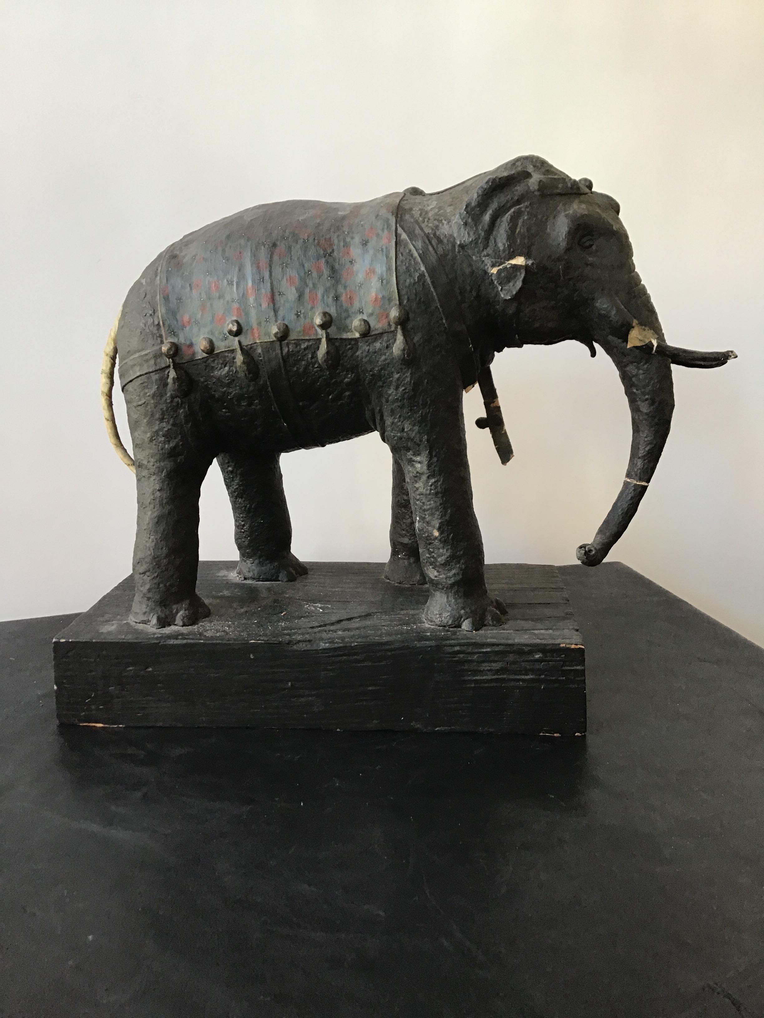 1930s Paper Mâché Elephant on Wood Base In Good Condition In Tarrytown, NY