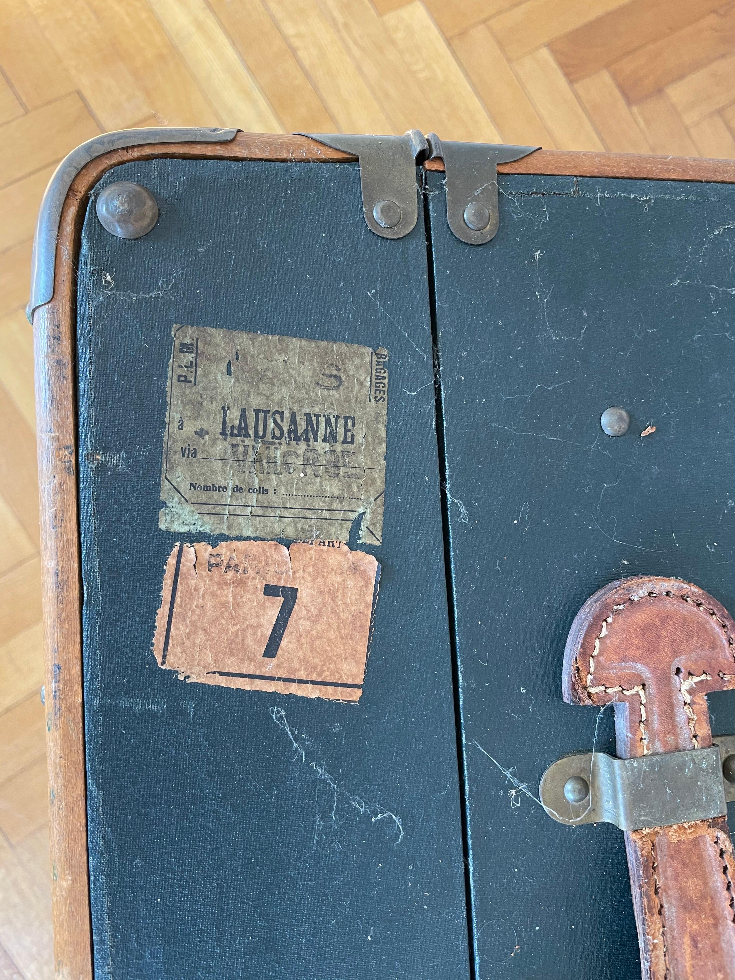 Mid-Century Modern 1930s Parchment Leather Large Suitcase, Paris / Lausanne