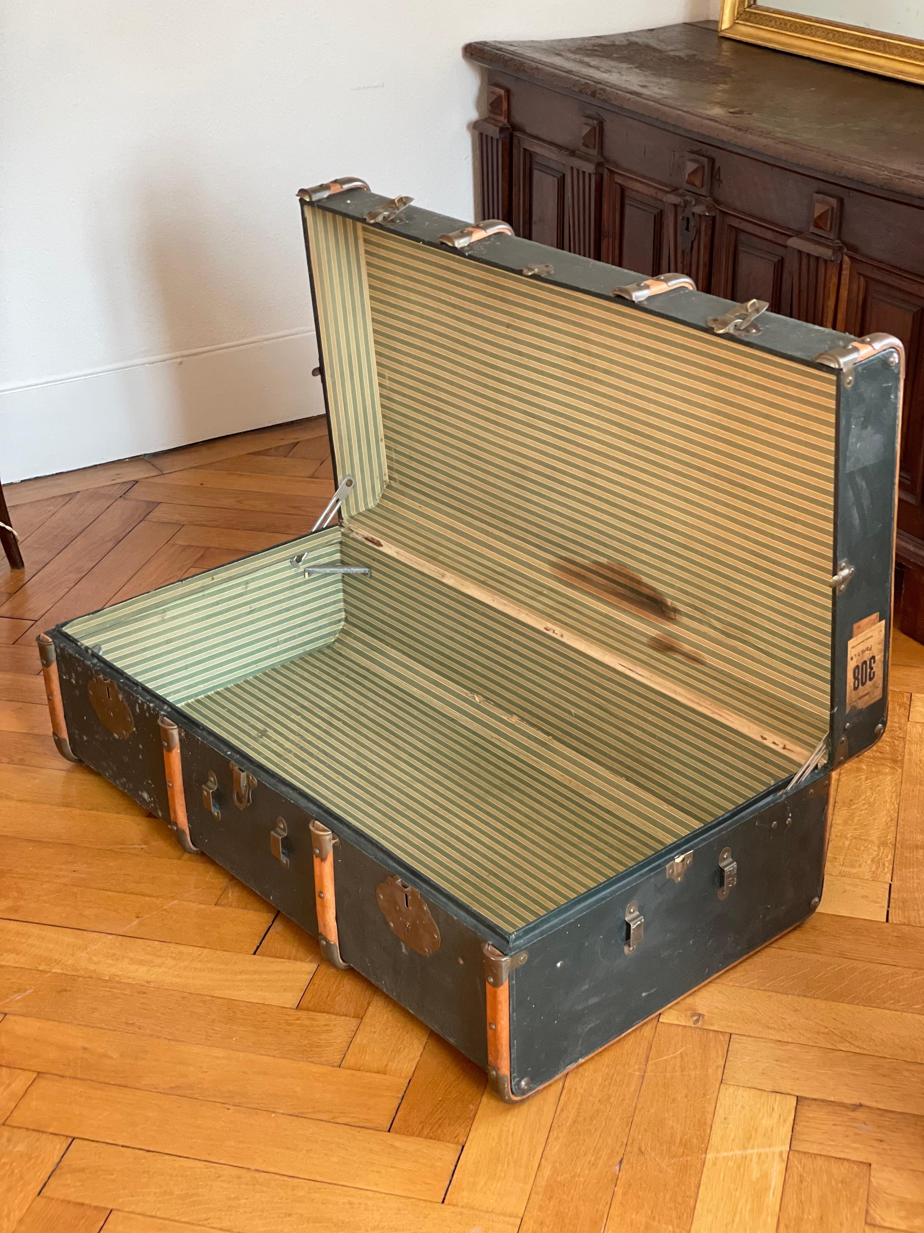 Hand-Crafted 1930s Parchment Leather Large Suitcase, Paris / Lausanne
