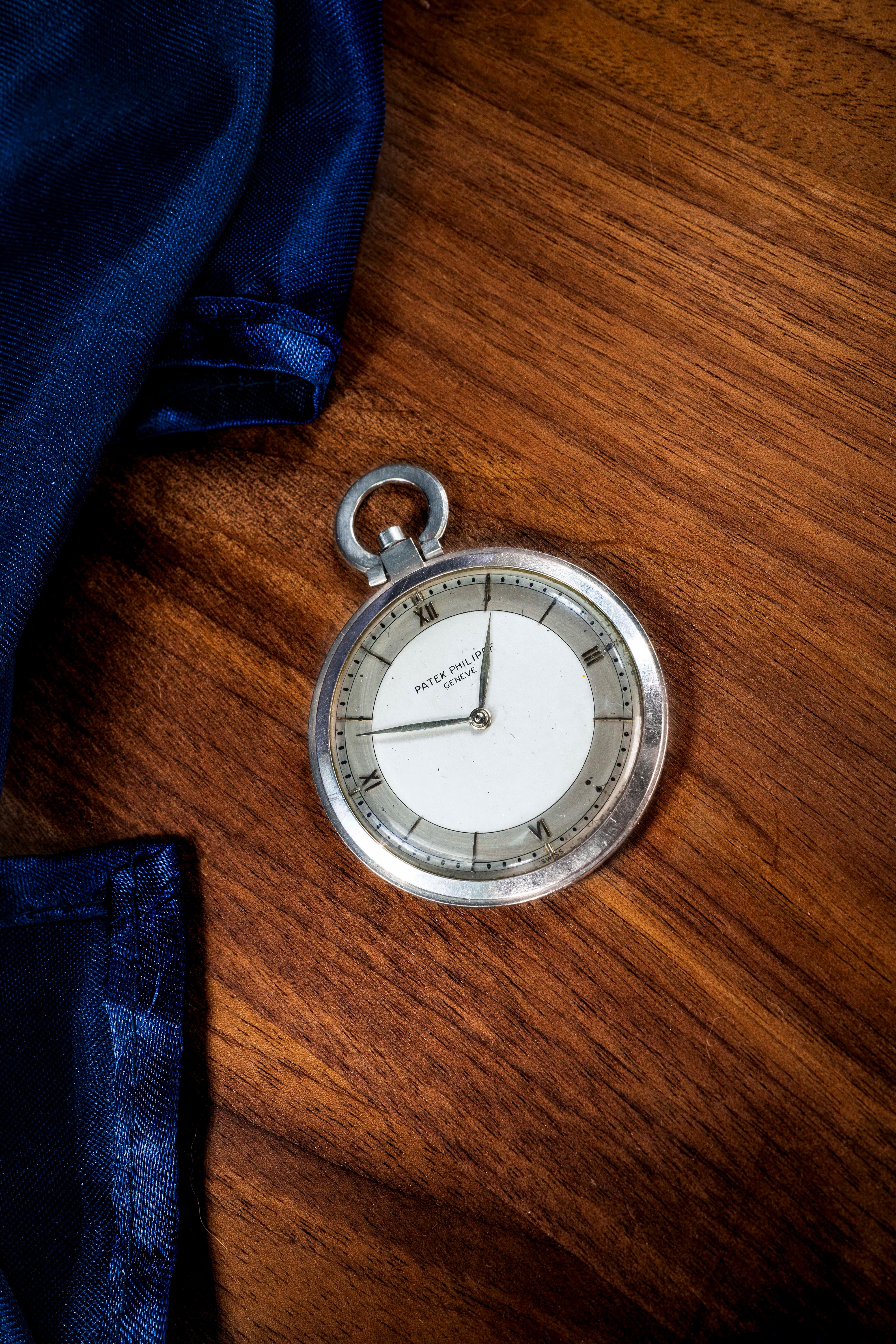 1930s Patek Philippe Platinum Two-Tone Sector Enamel Dial Open Face Pocket Watch 3