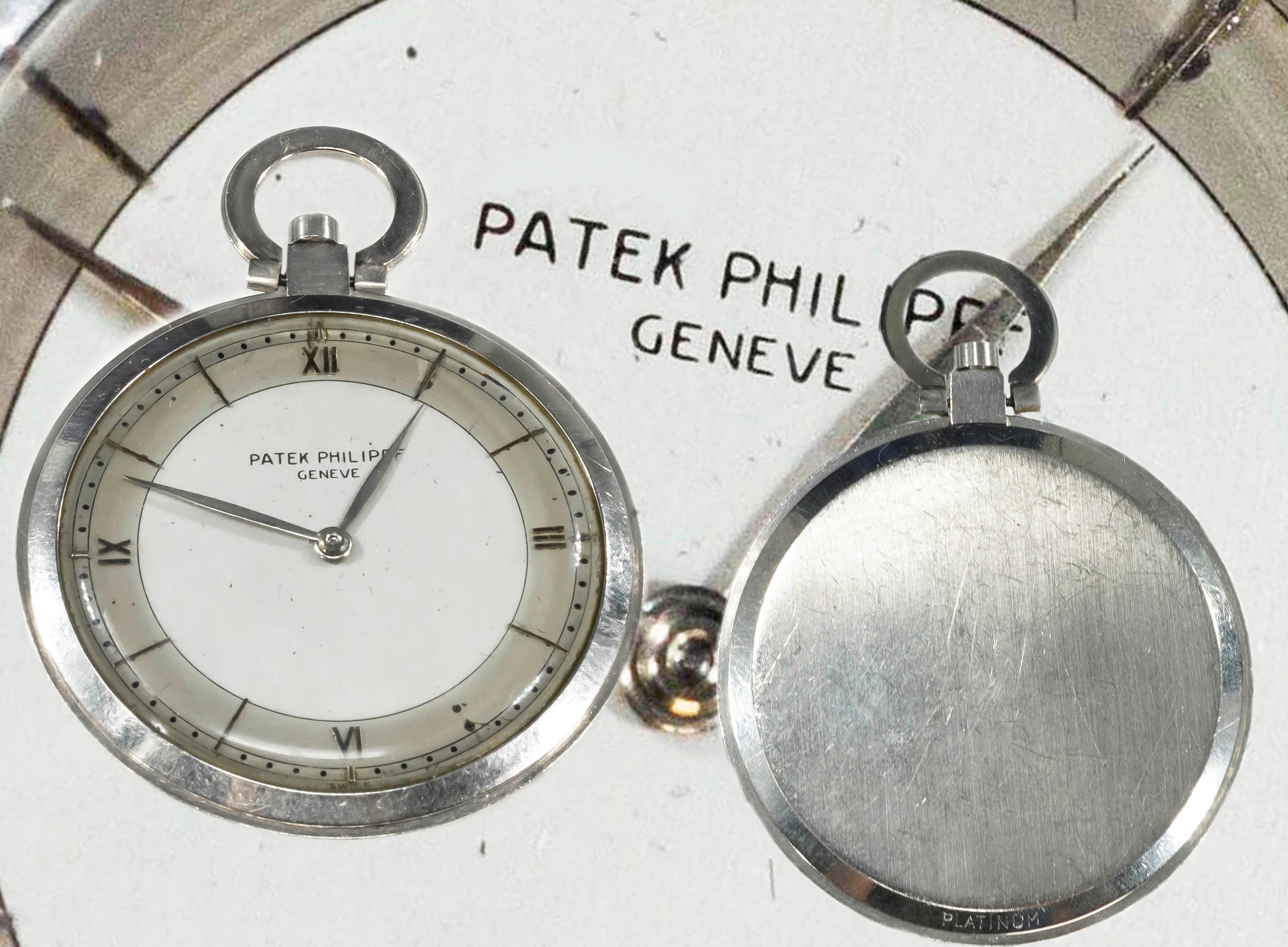 1930s Patek Philippe Platinum Two-Tone Sector Enamel Dial Open Face Pocket Watch 4
