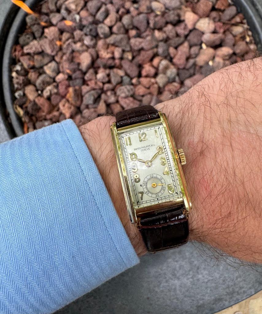 Reloj Art Déco Rectangular Curvo 1930 Patek Philippe Vintage para caballero - Oro de 18 quilates en venta 7