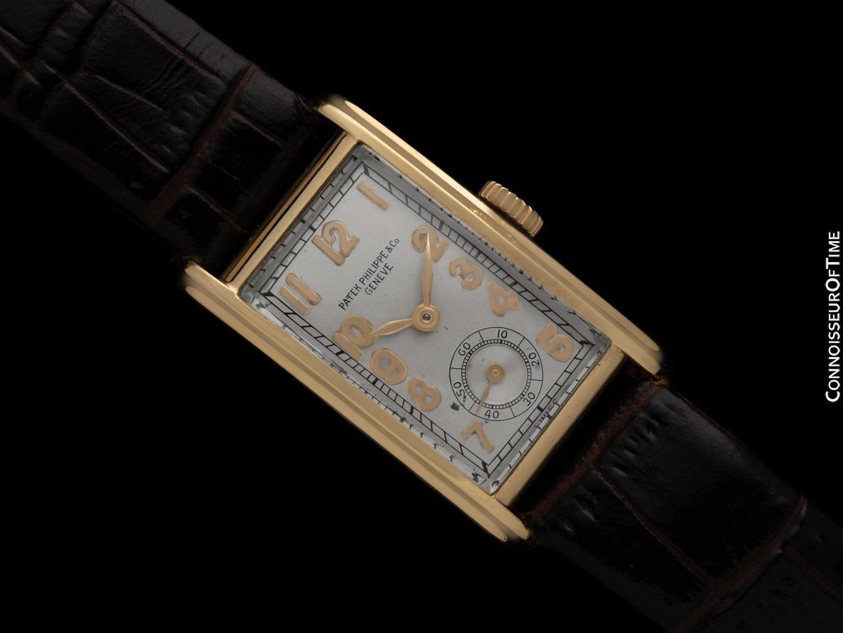 Reloj Art Déco Rectangular Curvo 1930 Patek Philippe Vintage para caballero - Oro de 18 quilates en Bueno estado para la venta en Suwanee, GA