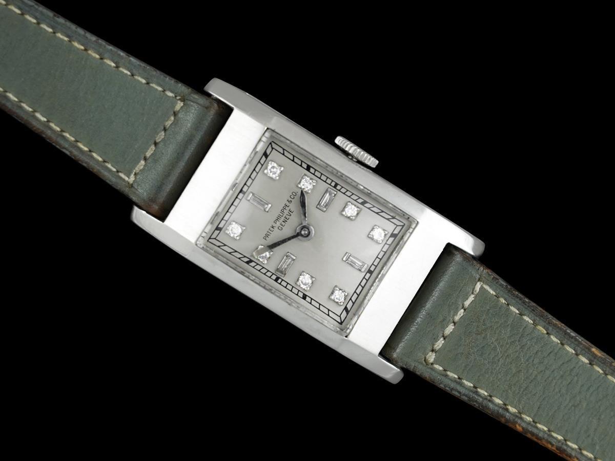 Reloj Art Déco Rectangular 1930 Patek Philippe Vintage para caballero - Platino en venta 2